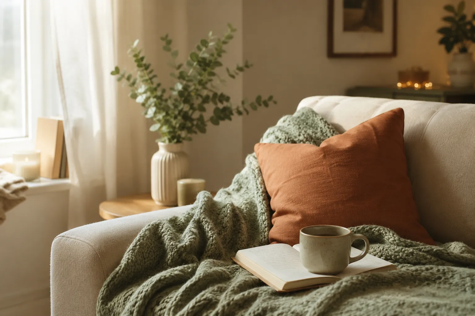 Canapé cosy avec plaid en maille vert sauge, coussin terracotta, livre ouvert et tasse, lumière douce près d'une fenêtre