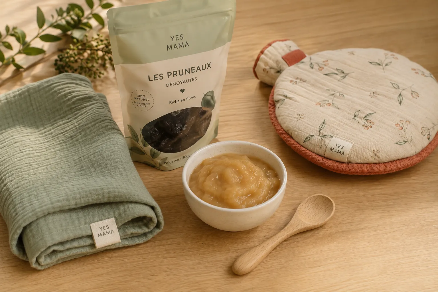 Sachet de pruneaux dénoyautés, bol de compote, cuillère en bois, lange en mousseline vert sauge et bouillotte ronde sur une table en bois clair
