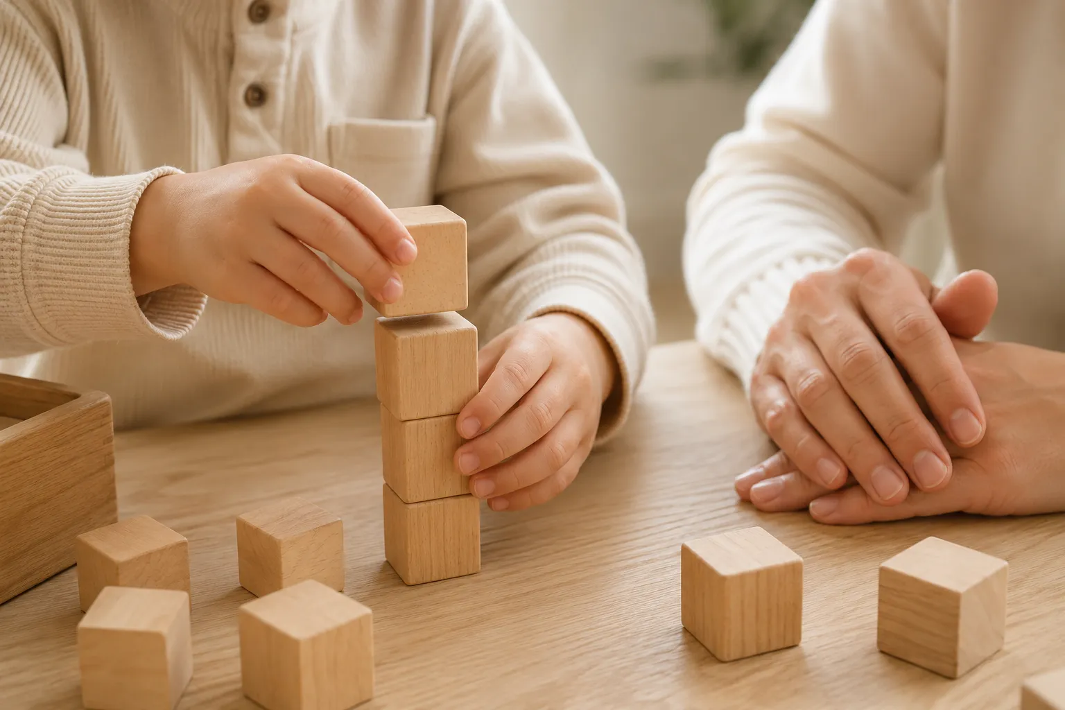 Mains d'un enfant qui empile des cubes en bois pendant qu'un adulte l'accompagne sans intervenir