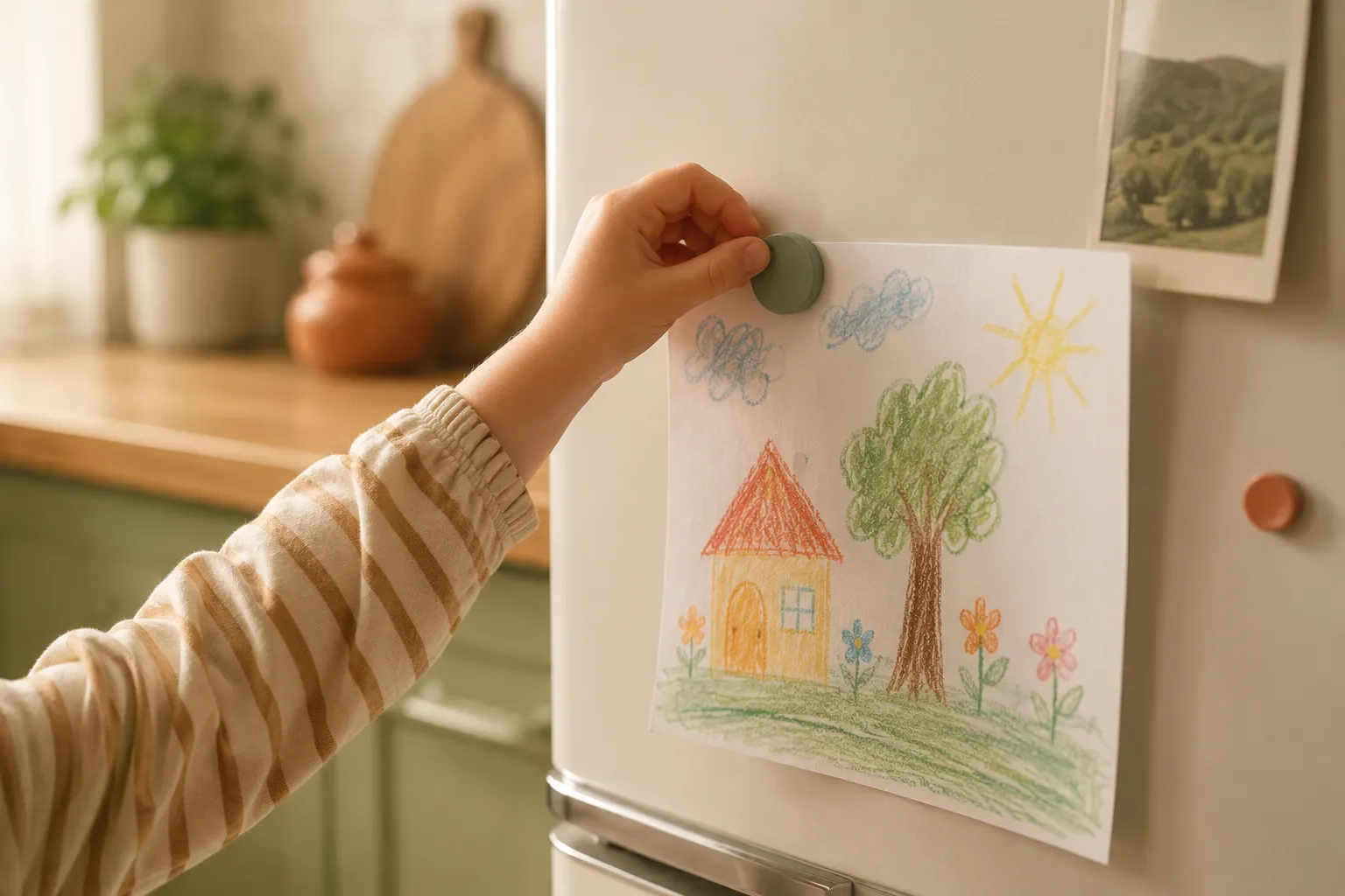 Main d'un enfant qui accroche son dessin coloré sur la porte du frigo avec un aimant, dans une cuisine aux tons doux