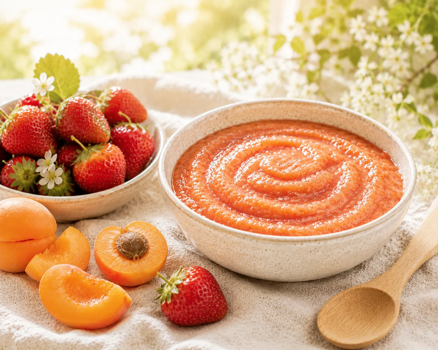 Bol de compote abricot-fraise orange rosé et onctueuse, à côté d'abricots coupés et de fraises fraîches, avec une cuillère en bois