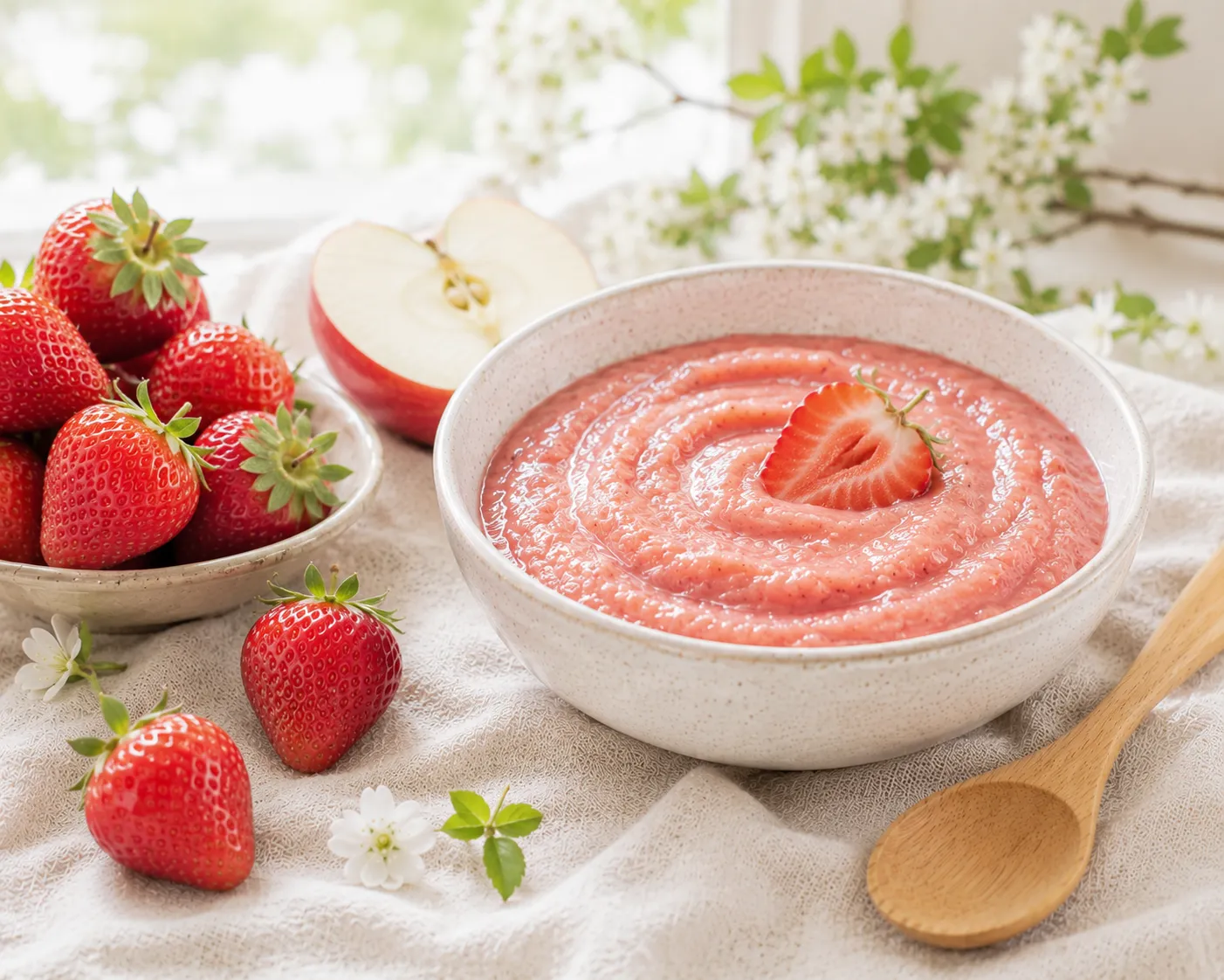 Bol de compote fraise-pomme rosée, à côté de fraises fraîches et d'une demi-pomme, avec une cuillère en bois sur une nappe en lin