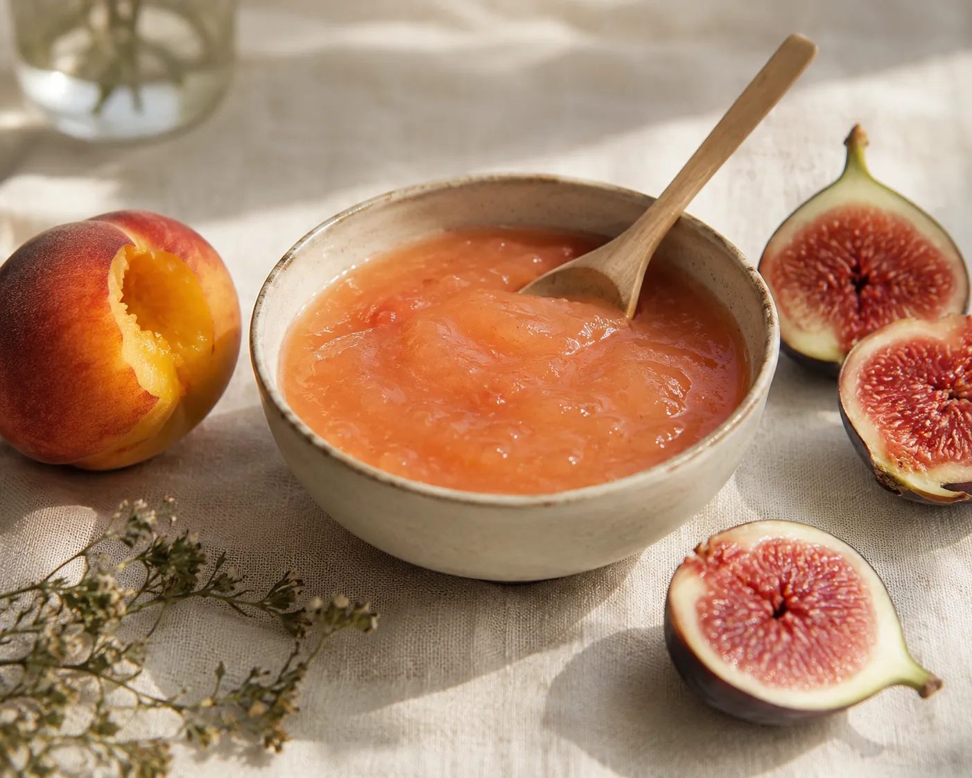 Bol de compote pêche-figue rosée, avec une cuillère en bois, entouré d'une pêche entamée et de figues coupées en deux sur une nappe en lin