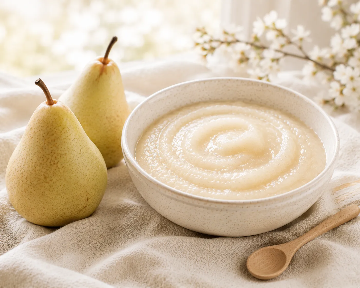Bol de compote de poire maison, très pâle et onctueuse, à côté de deux poires entières et d'une cuillère en bois, sur une nappe claire dans une lumière douce