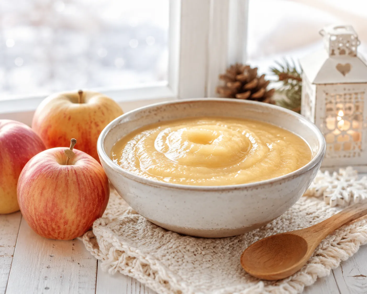 Bol de compote de pomme maison, dorée et onctueuse, à côté de deux pommes entières et d'une cuillère en bois, sur une nappe claire dans une lumière douce d'hiver