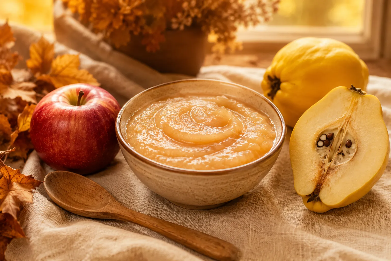 Bol de compote pomme-coing dorée et onctueuse, à côté d'une pomme rouge et d'un coing jaune coupé en deux, avec une cuillère en bois sur une nappe en lin