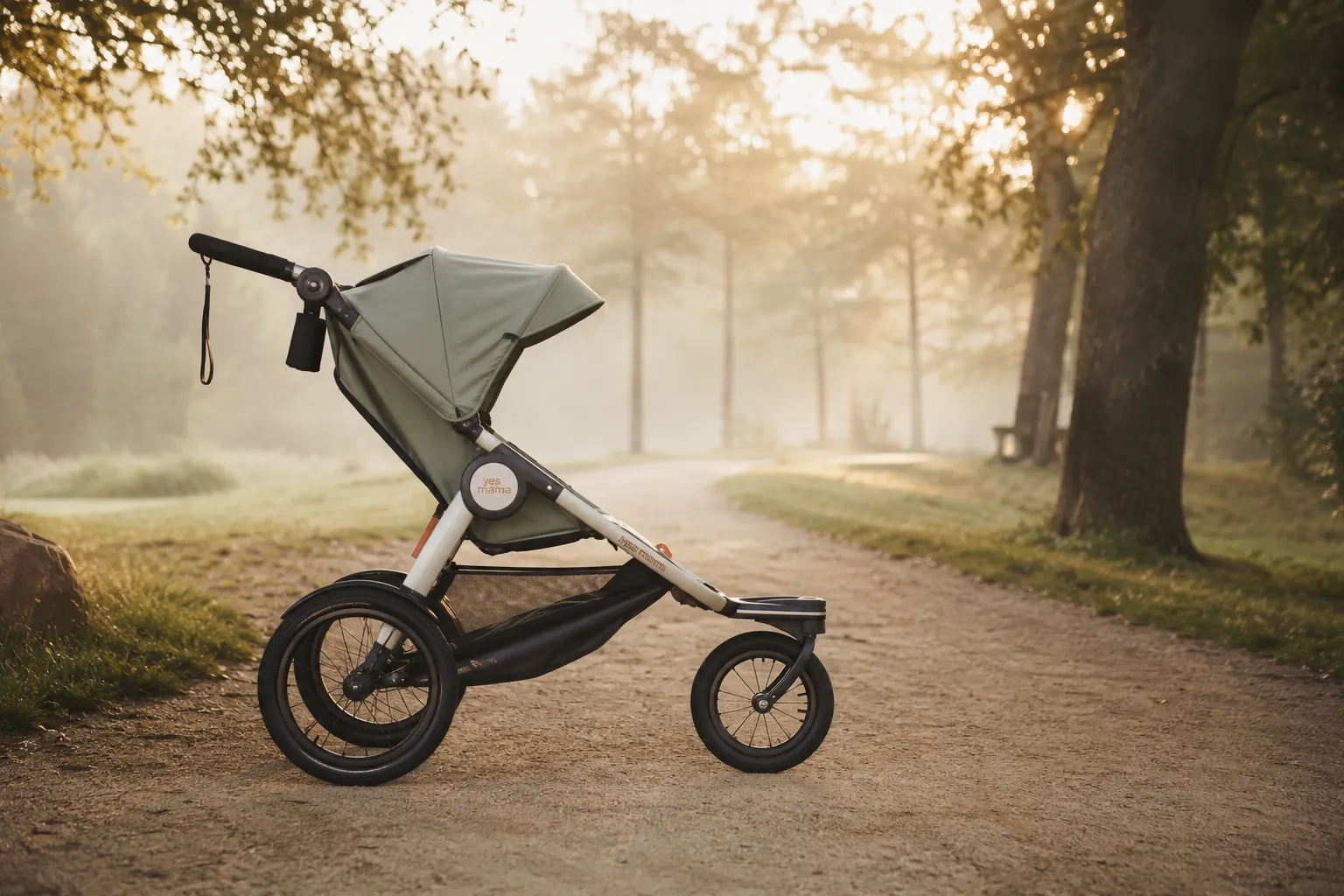 Poussette de running à trois roues, de profil sur un chemin de parc dans la lumière dorée du matin