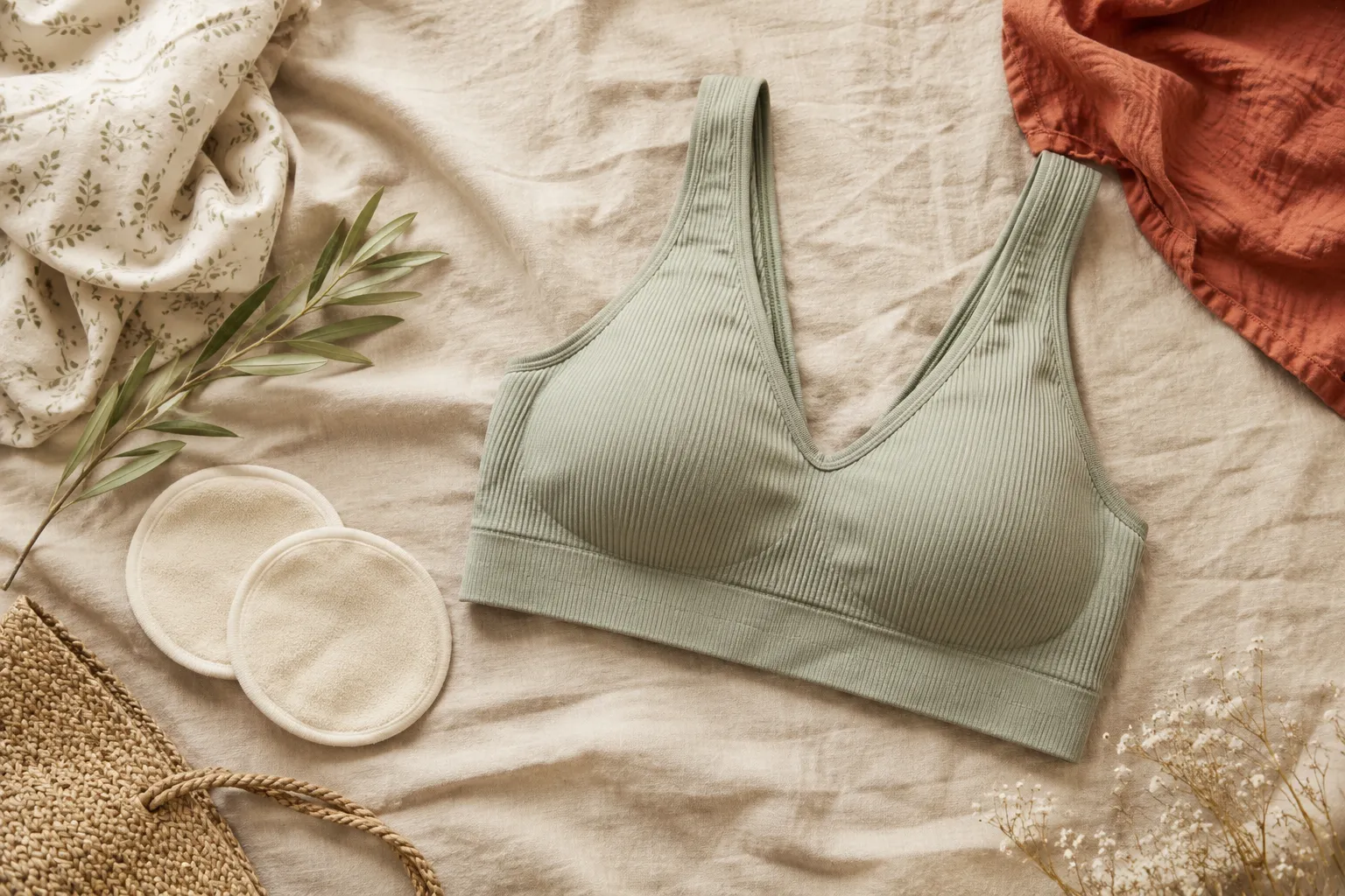 Brassière de sport vert sauge posée à plat avec des coussinets d'allaitement, sur un drap en lin
