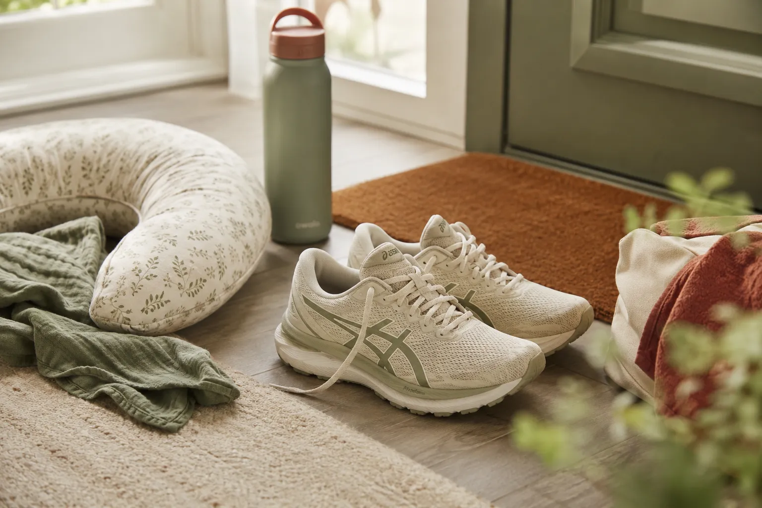 Baskets de running posées près de la porte, à côté d'une gourde verte, d'un coussin d'allaitement et d'un paillasson terracotta