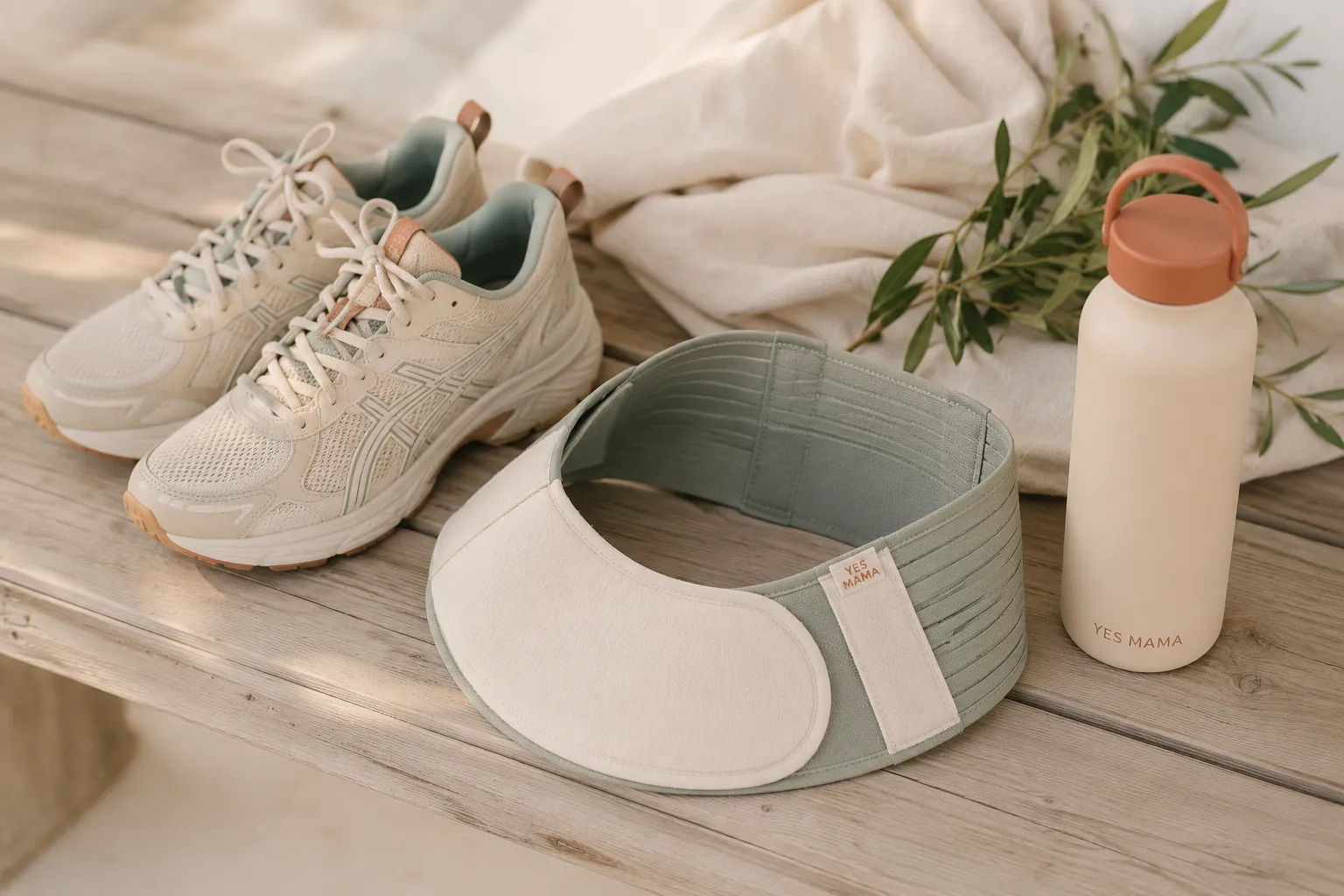 Baskets de running, ceinture de soutien de grossesse vert sauge et gourde posées sur un banc en bois clair
