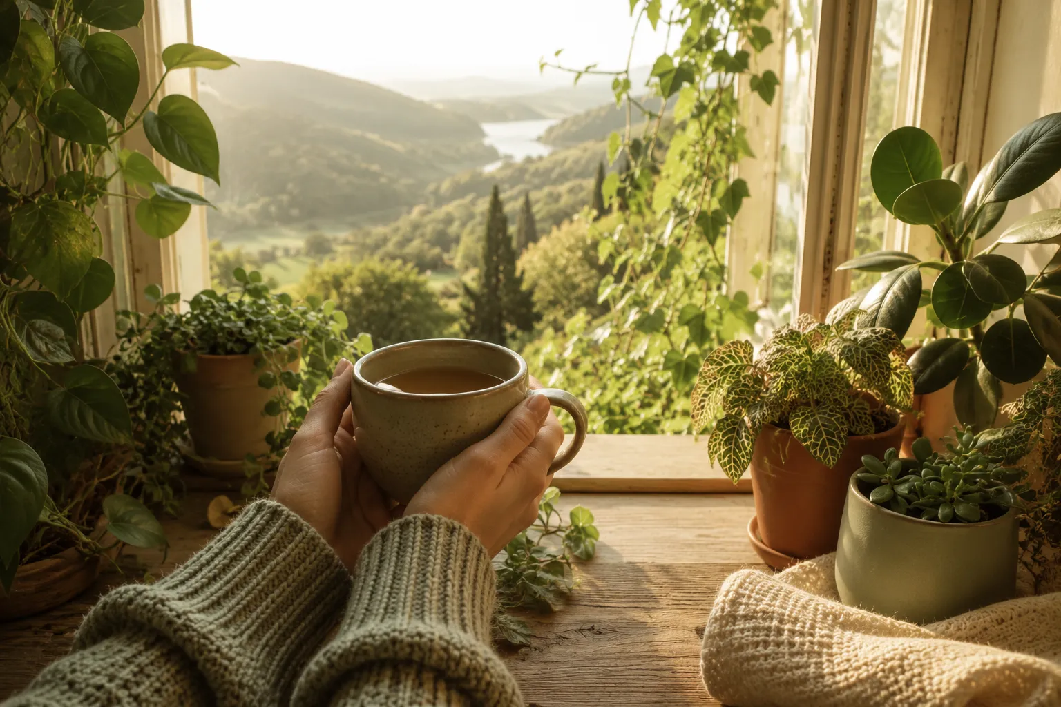 Mains d'une femme tenant une tasse chaude devant une fenêtre ouverte sur une vallée verdoyante, lumière douce du matin