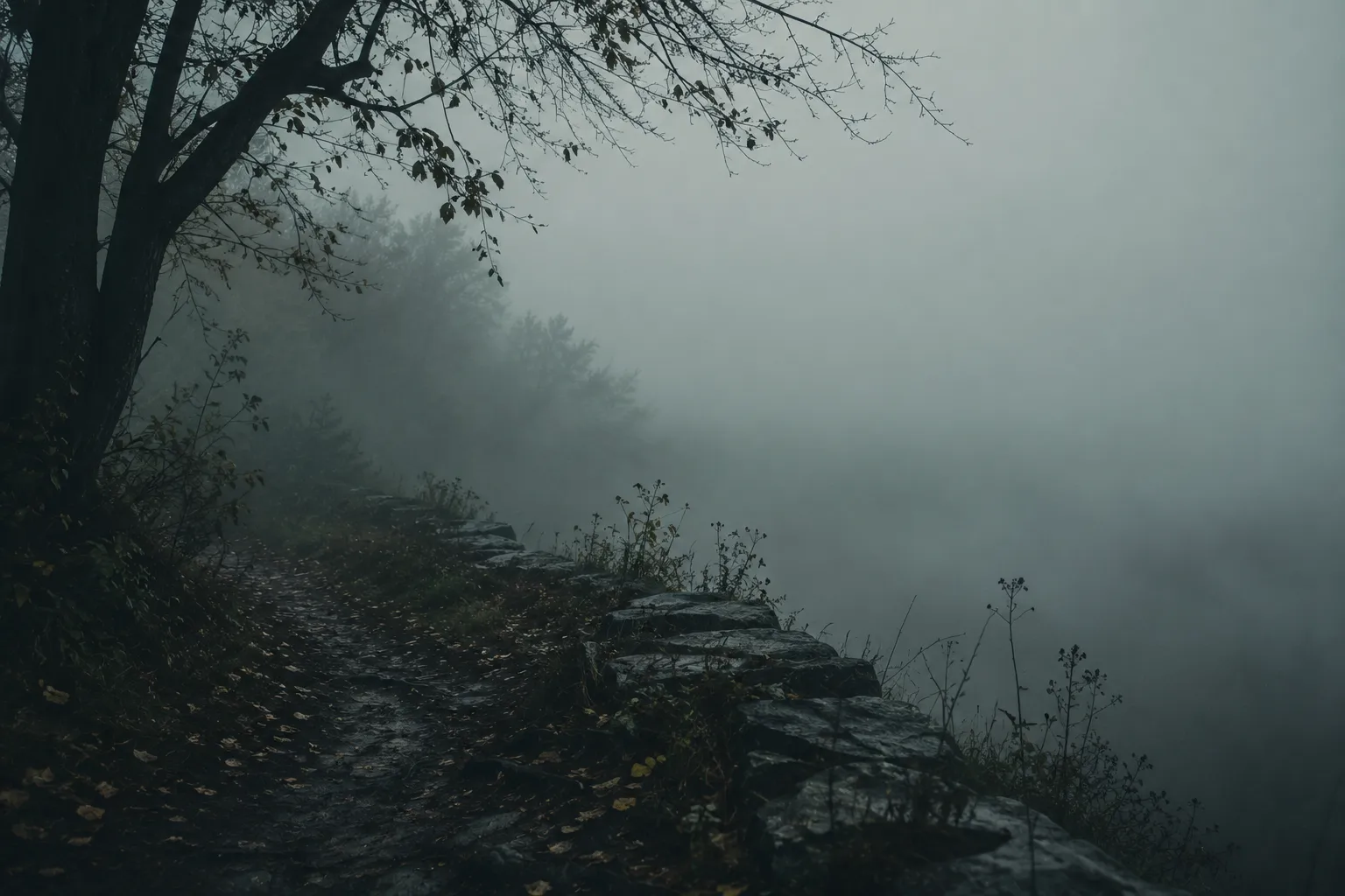 Chemin brumeux et mélancolique au bord de l'eau, par temps gris