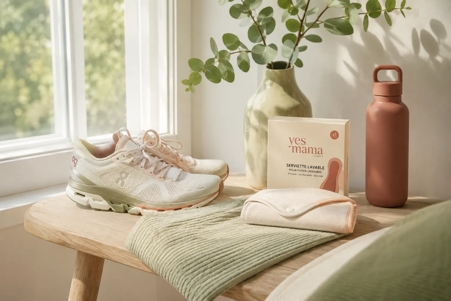 Baskets de running, serviette lavable, gourde terracotta et branche d'eucalyptus posées sur un banc en bois près d'une fenêtre
