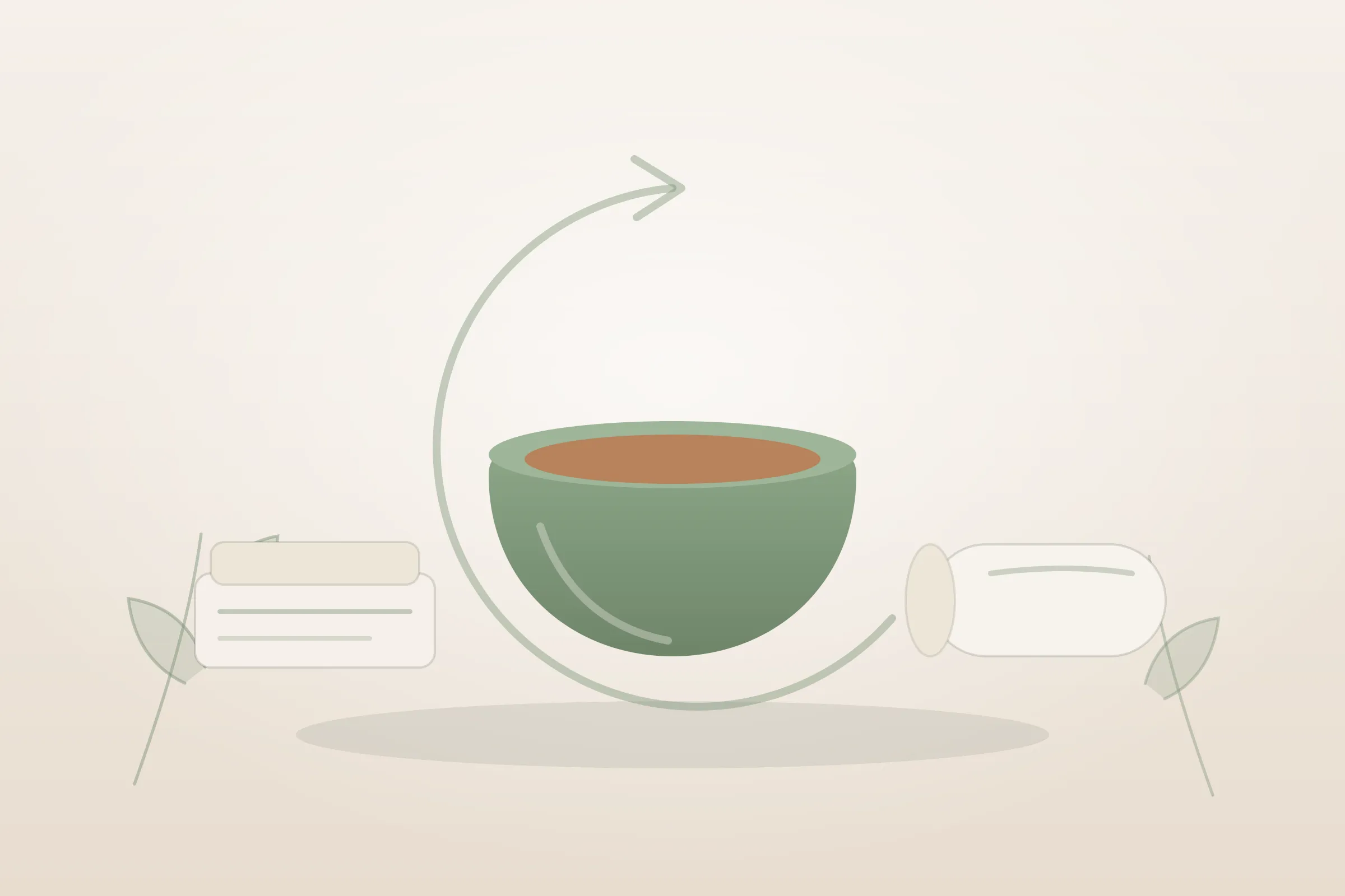 Illustration : massage abdominal post-partum, un flacon d'huile, un bol et un linge roulé sur un plateau, aux couleurs crème et vert sauge de Yes Mama