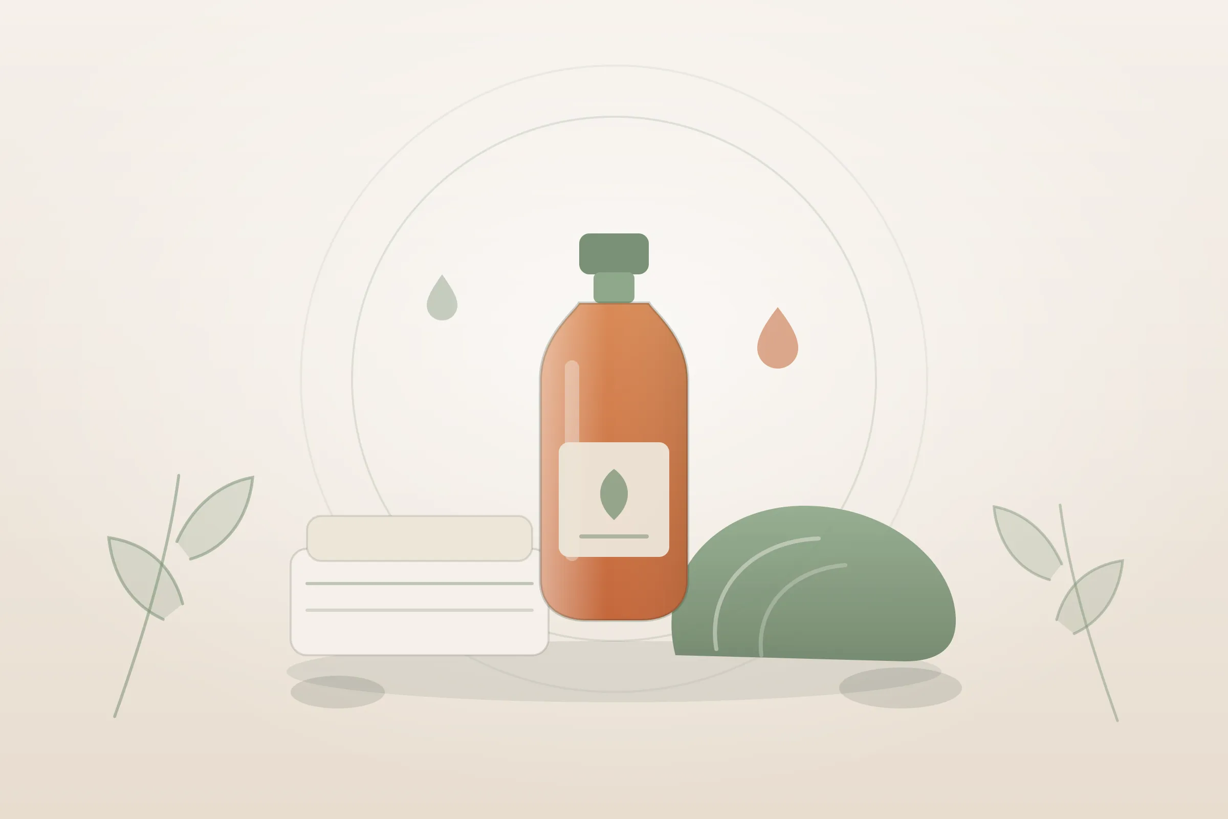 Illustration : massage femme enceinte, un flacon d'huile végétale, un coussin de positionnement et un linge plié, aux couleurs crème et vert sauge de Yes Mama