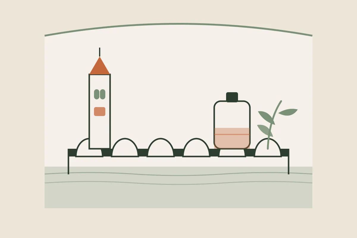 Illustration d'Agen : les arches du pont-canal sur la Garonne et un clocher, avec un flacon d'huile de massage et un brin végétal, dans une arche aux couleurs de Yes Mama