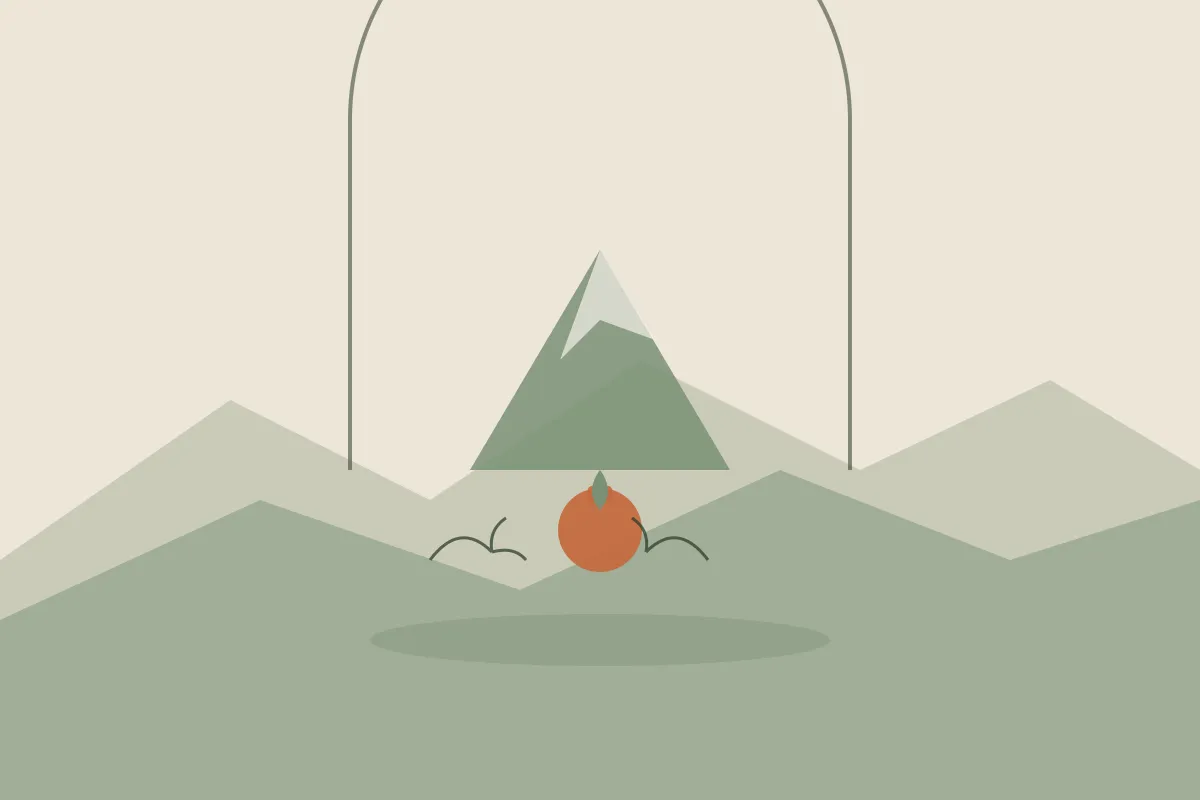 Illustration : massage grossesse et post-partum à Aix-en-Provence, fontaine de la Rotonde et montagne Sainte-Victoire dans une arche, flacon d'huile et brin végétal, aux couleurs crème et vert sauge de Yes Mama