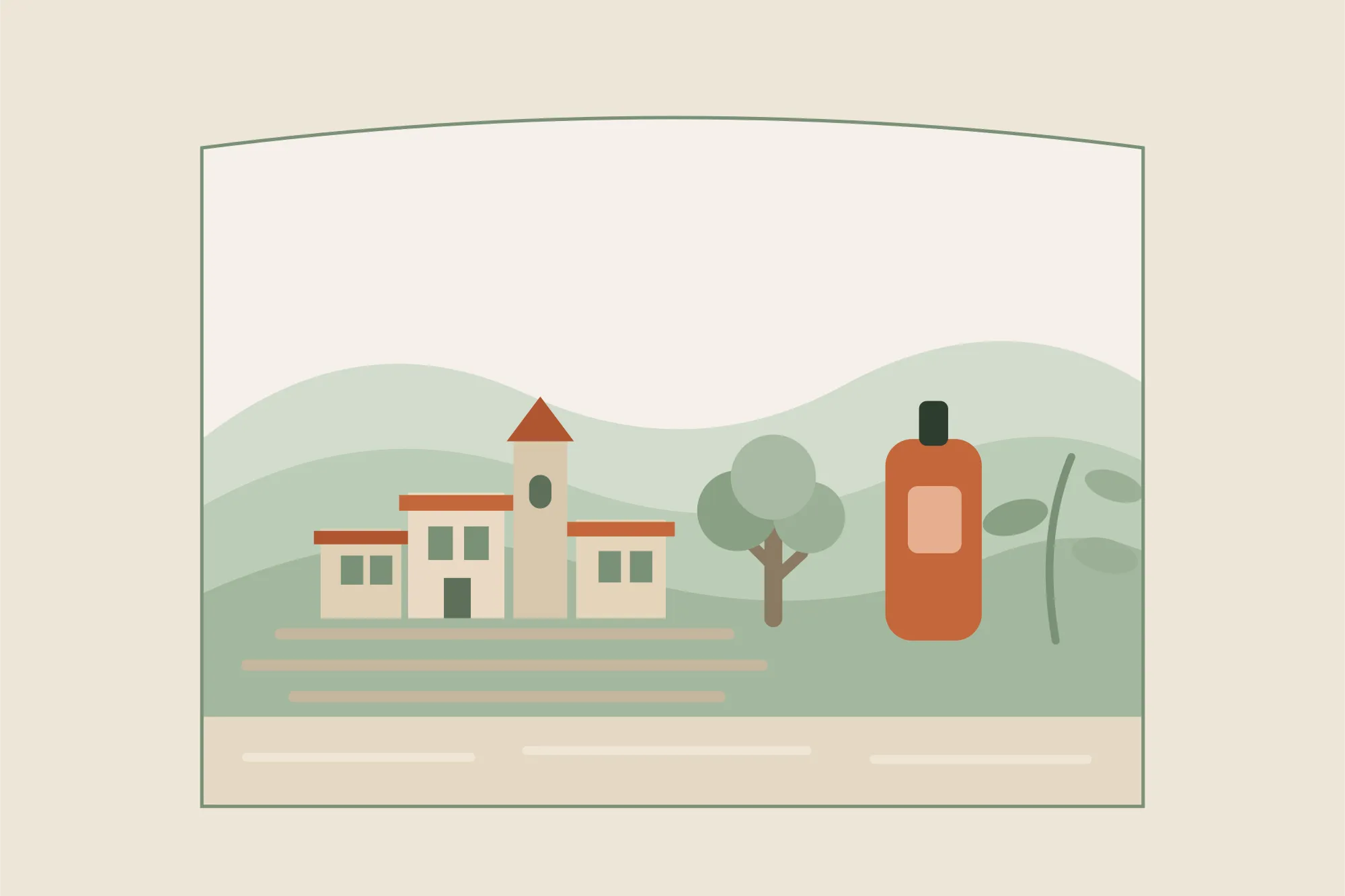 Illustration des crêtes cévenoles et d'un village de pierre en terrasses au-dessus d'Alès, avec un flacon d'huile de massage, dans une arche aux couleurs crème et vert sauge de Yes Mama
