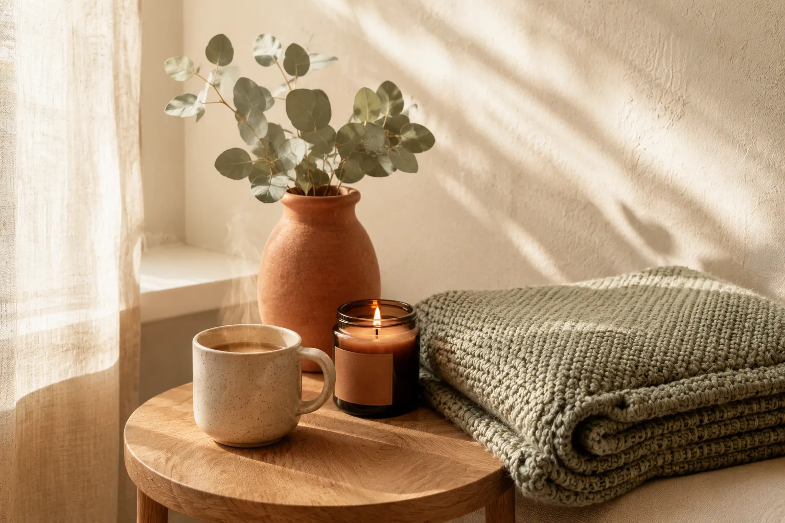 Coin cocon près d'une fenêtre : tasse d'infusion fumante sur une table en bois, plaid vert sauge plié, bougie allumée et eucalyptus dans un vase terracotta