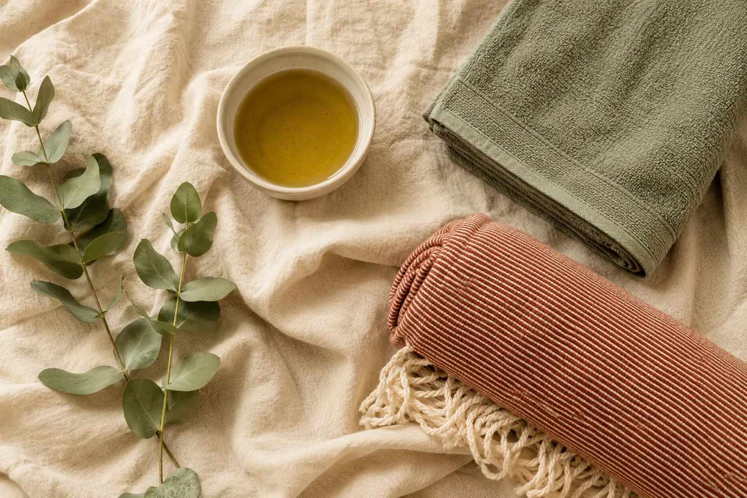 Nature morte de soin maternité en vue de dessus sur lin crème : bol d'huile dorée, serviette vert sauge, rebozo roulé à rayures terracotta et brin d'eucalyptus