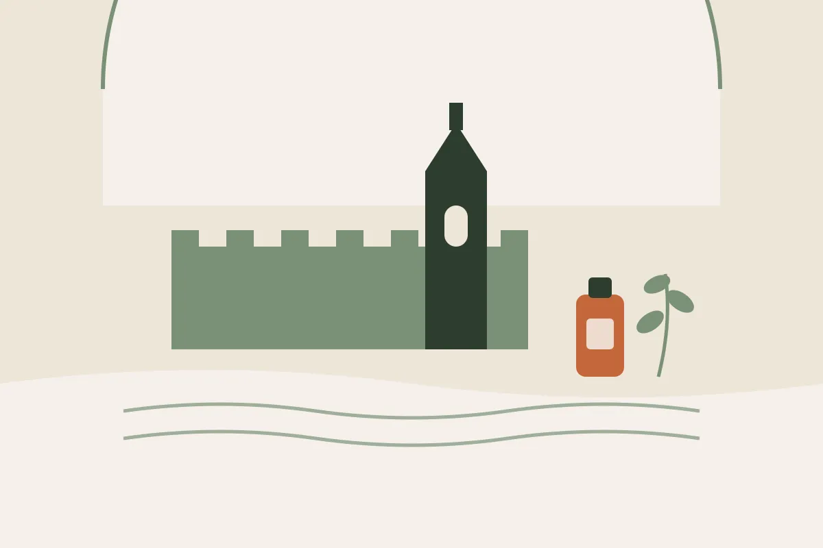 Illustration : massage grossesse et post-partum à Angoulême, remparts de la ville haute et flèche de la cathédrale au-dessus de la Charente, avec un flacon d'huile et un brin végétal, aux couleurs crème et vert sauge de Yes Mama