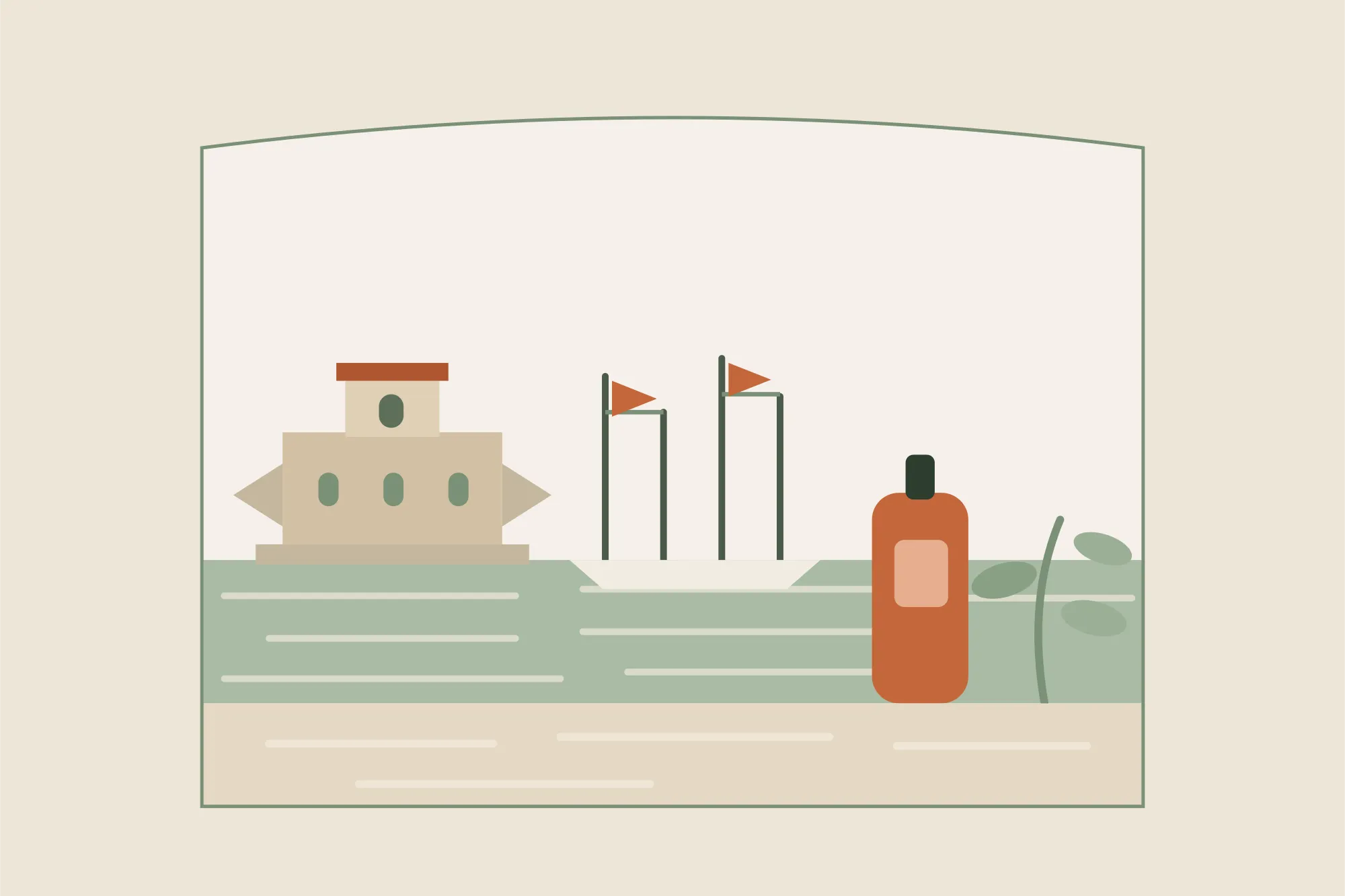 Illustration du Fort Carré, des mâts du port Vauban et des palmiers d'Antibes, avec un flacon d'huile de massage, dans une arche aux couleurs crème et vert sauge de Yes Mama