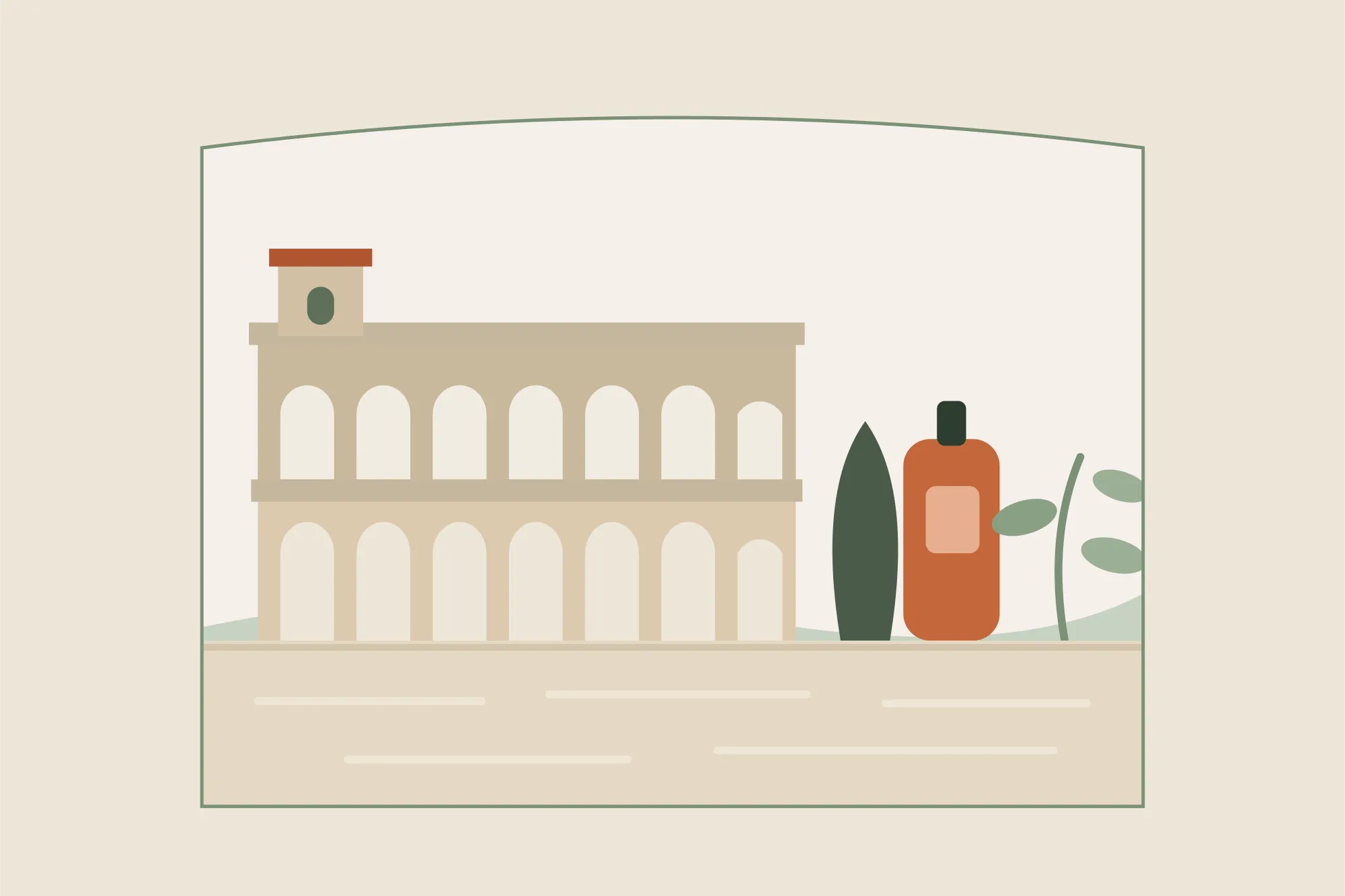 Illustration des arènes romaines d'Arles et de leurs deux étages d'arcades, avec un cyprès et un flacon d'huile de massage, dans une arche aux couleurs crème et vert sauge de Yes Mama