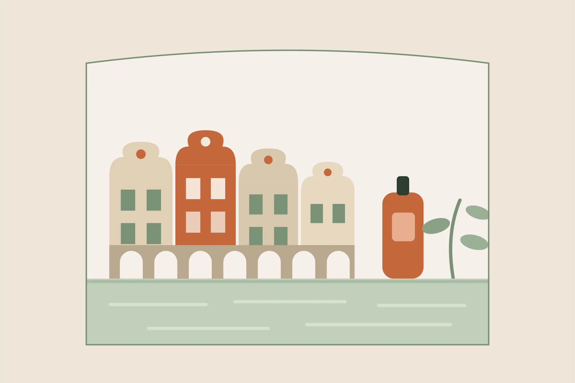 Illustration des façades à pignons à volutes et des arcades de la Grand-Place d'Arras, avec un flacon d'huile de massage et un brin végétal, dans une arche aux couleurs crème et vert sauge de Yes Mama