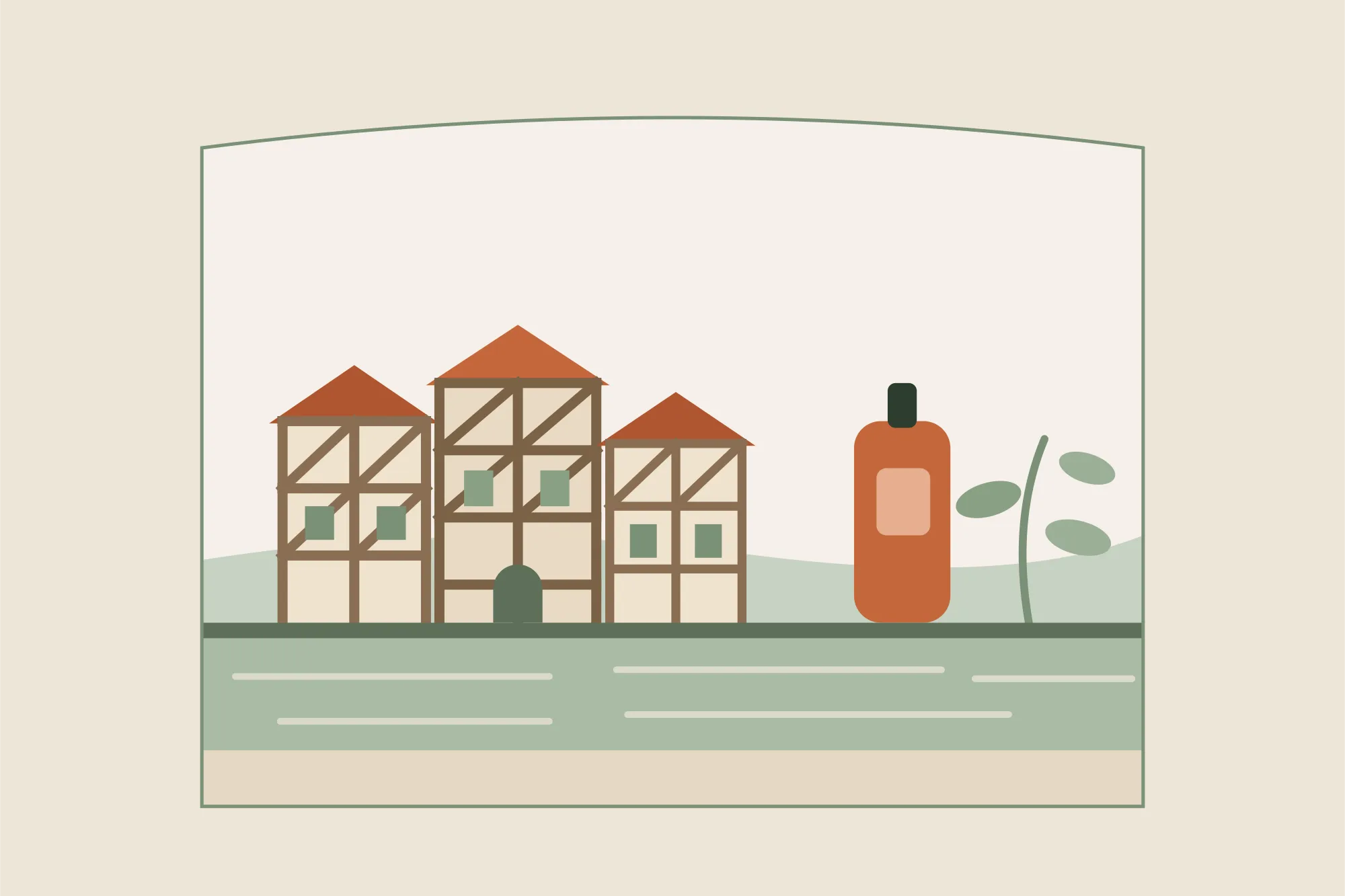 Illustration des maisons à colombages d'Auxerre au bord de l'Yonne, avec un flacon d'huile de massage, dans une arche aux couleurs crème et vert sauge de Yes Mama