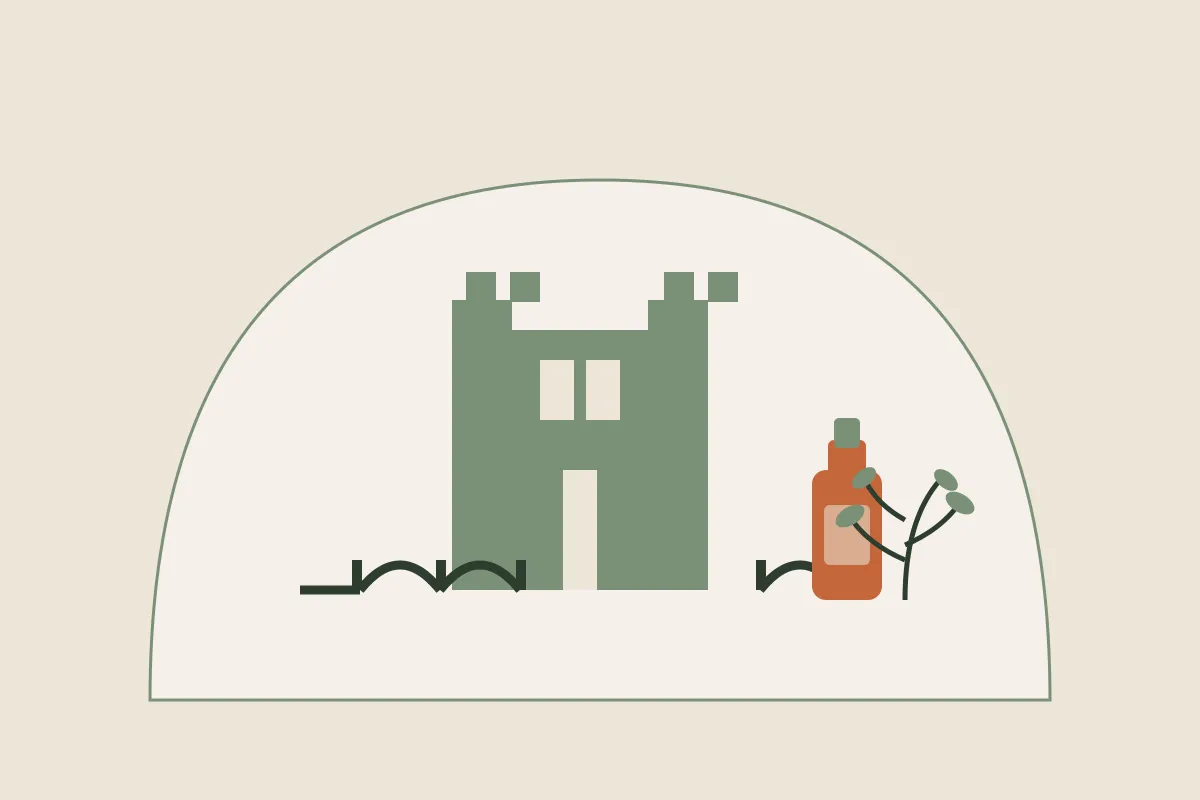 Illustration : massage grossesse et post-partum à Avignon, silhouette du Palais des Papes et du pont Saint-Bénézet dans une arche, flacon d'huile et brin végétal, aux couleurs crème et vert sauge de Yes Mama
