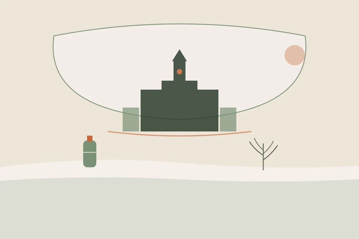 Illustration : massage grossesse et post-partum à Bastia, la citadelle et le clocher au-dessus du Vieux-Port et de la mer, avec un flacon d'huile et un brin végétal, aux couleurs crème et vert sauge de Yes Mama