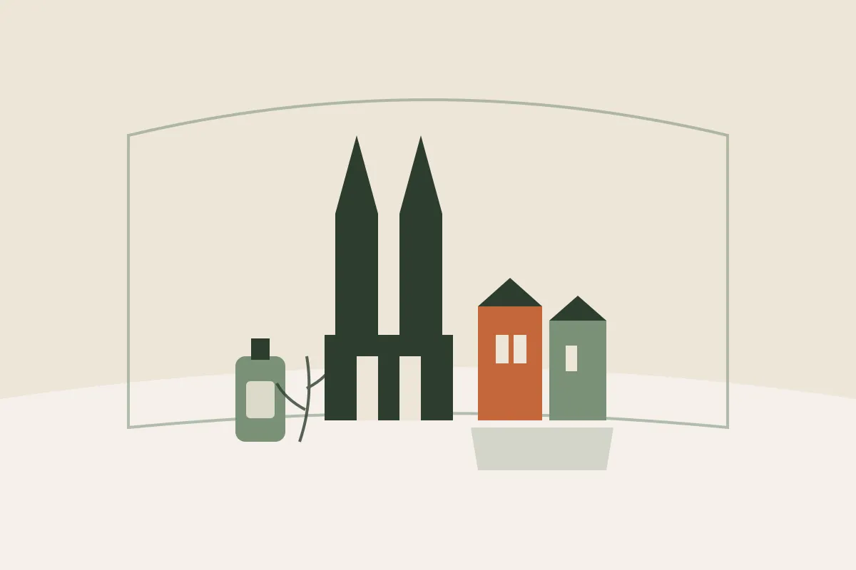 Illustration : massage grossesse et post-partum à Bayonne, flèches de la cathédrale Sainte-Marie et maisons à colombages au bord de la Nive, avec un flacon d'huile et un brin végétal