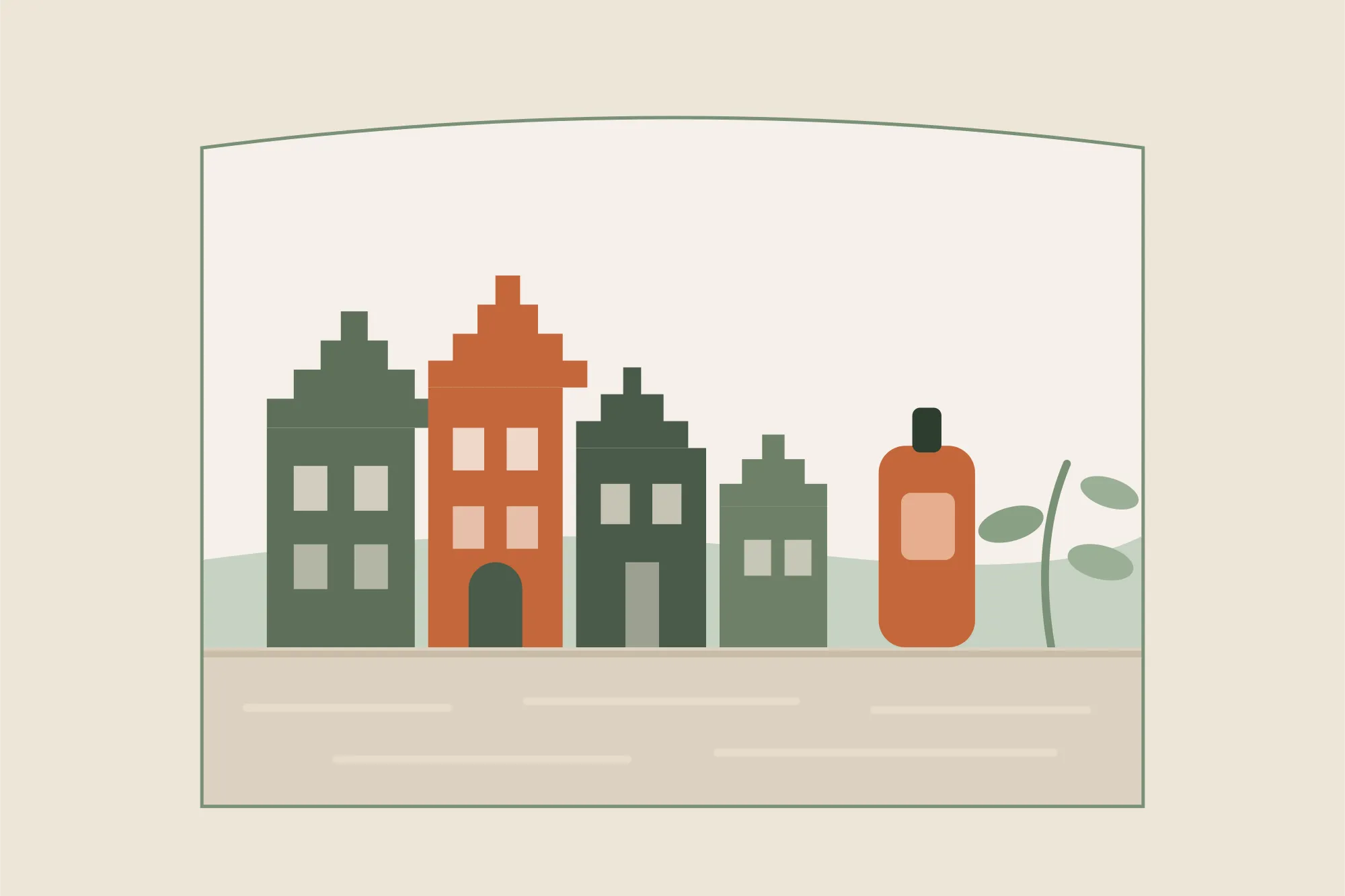 Illustration des maisons à pignons à redents de la Grand-Place de Béthune, avec un flacon d'huile de massage et un brin végétal, dans une arche aux couleurs crème et vert sauge de Yes Mama