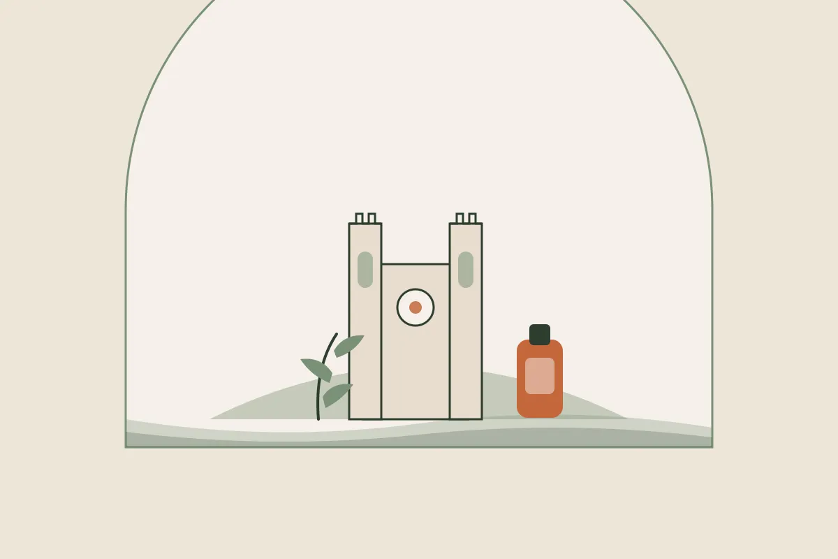 Illustration : massage grossesse et post-partum à Béziers, silhouette de la cathédrale Saint-Nazaire sur sa colline au-dessus de l'Orb dans une arche, flacon d'huile et brin végétal, aux couleurs crème et vert sauge de Yes Mama