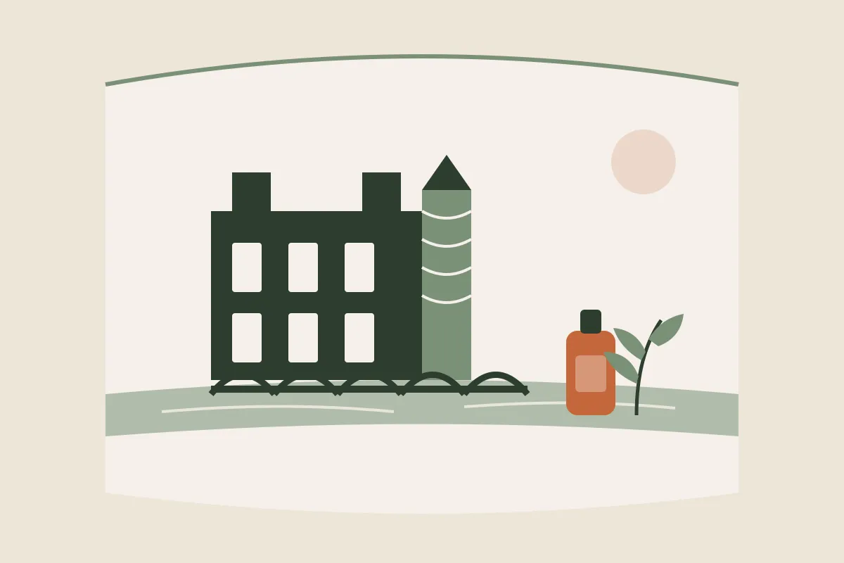Illustration de Blois aux couleurs de Yes Mama : l'aile du château royal, la Loire et son pont, un flacon d'huile de massage et un brin végétal, dans une arche