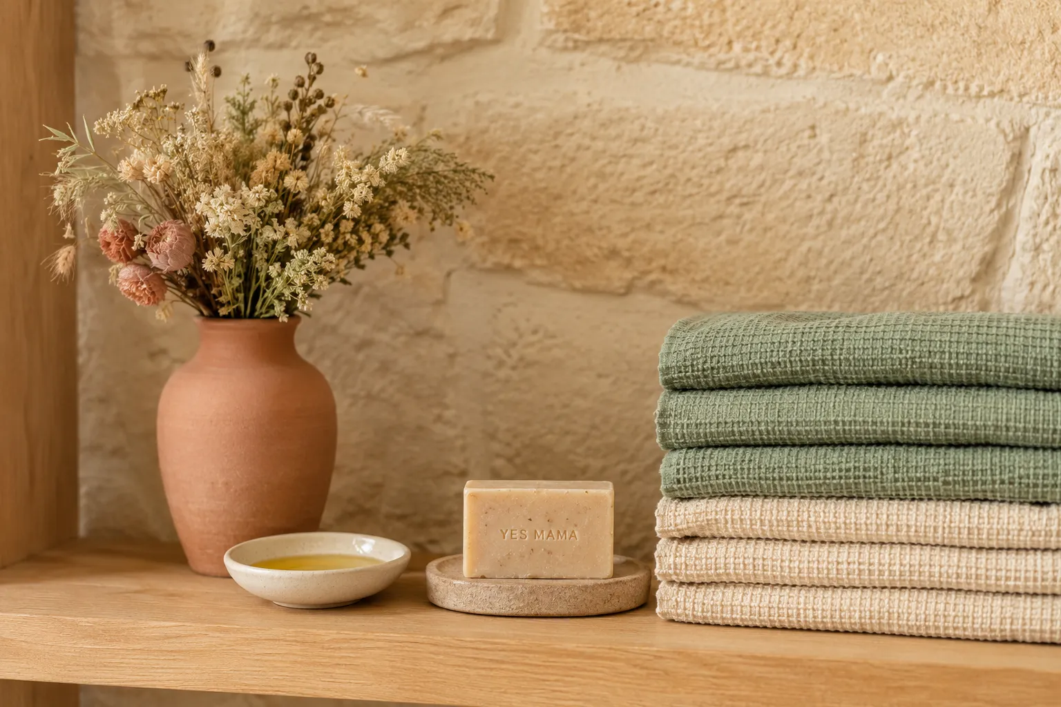 Étagère en bois clair dans un institut : serviettes pliées vert sauge et beige, savon artisanal, bol d'huile et fleurs séchées dans un vase terracotta, devant un mur en pierre claire bordelaise