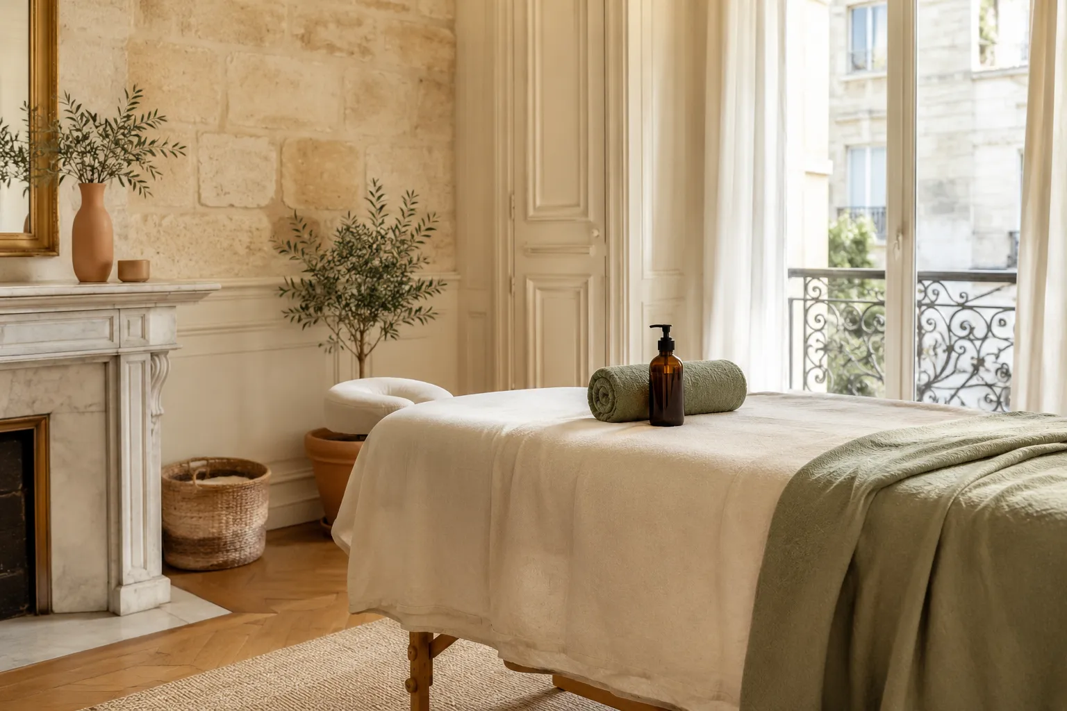 Table de massage drapée de lin crème dans une pièce lumineuse de style bordelais, cheminée en marbre, balcon en fer forgé, olivier et flacon d'huile, serviette vert sauge roulée