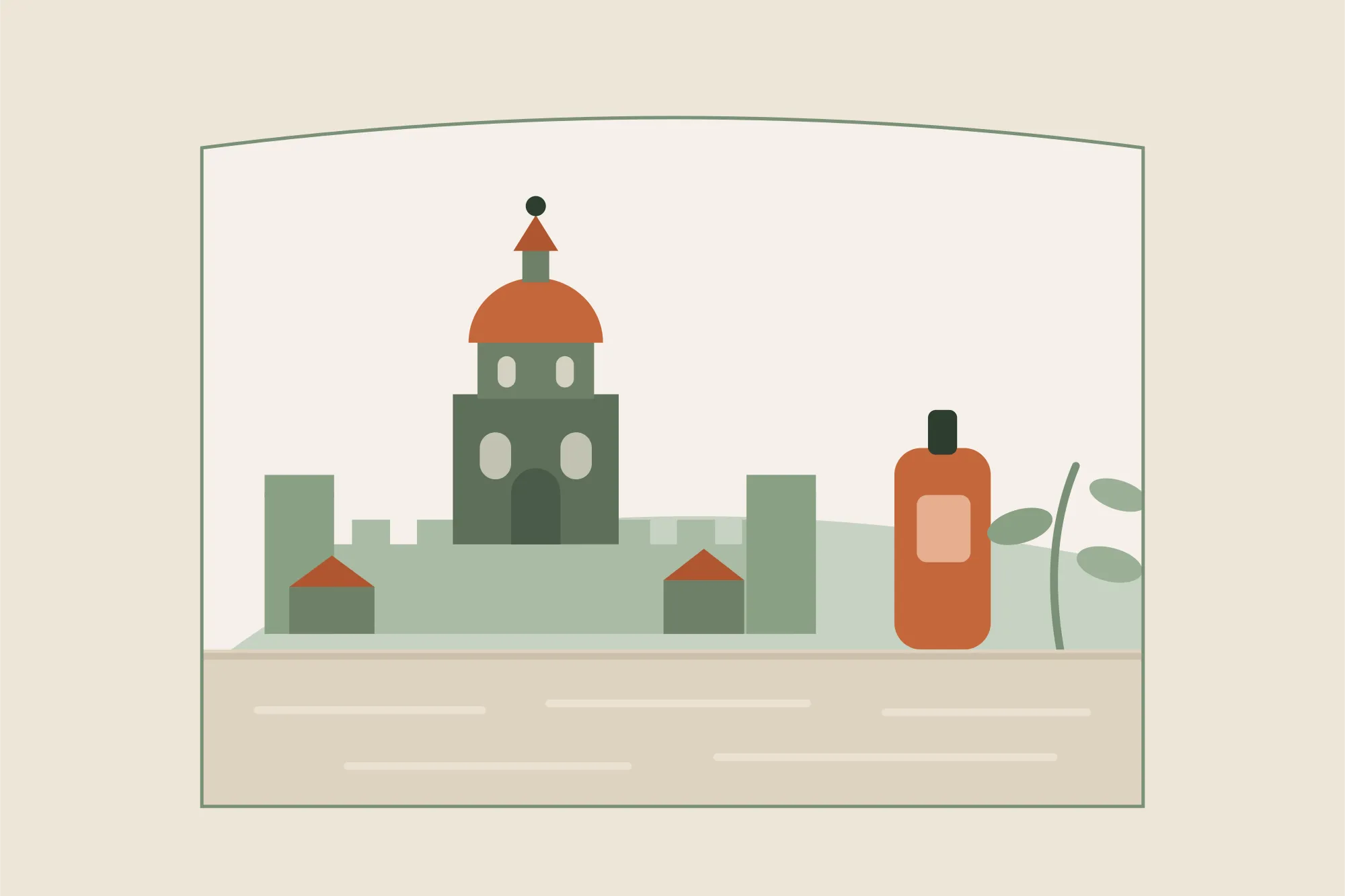 Illustration des remparts de la ville haute et du dôme de la basilique de Boulogne-sur-Mer, avec un flacon d'huile de massage et un brin végétal, dans une arche aux couleurs crème et vert sauge de Yes Mama