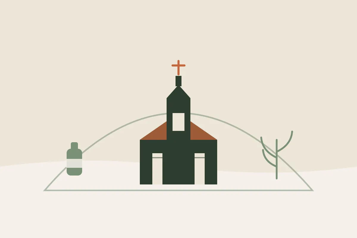 Illustration : massage grossesse et post-partum à Bourg-en-Bresse, silhouette du monastère royal de Brou et de son clocher dans une arche, flacon d'huile et brin végétal, aux couleurs crème et vert sauge de Yes Mama