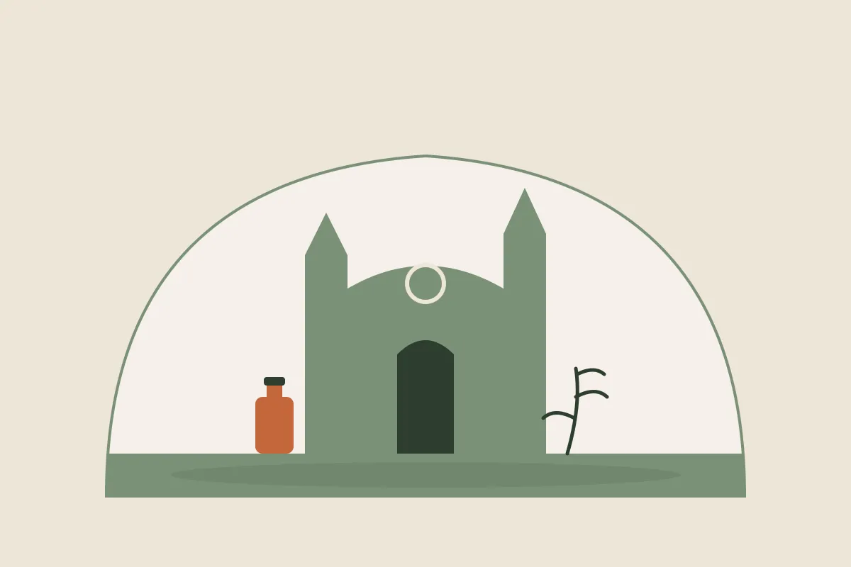 Illustration : massage grossesse et post-partum à Bourges, silhouette de la cathédrale Saint-Étienne dans une arche, flacon d'huile et brin végétal, aux couleurs crème et vert sauge de Yes Mama