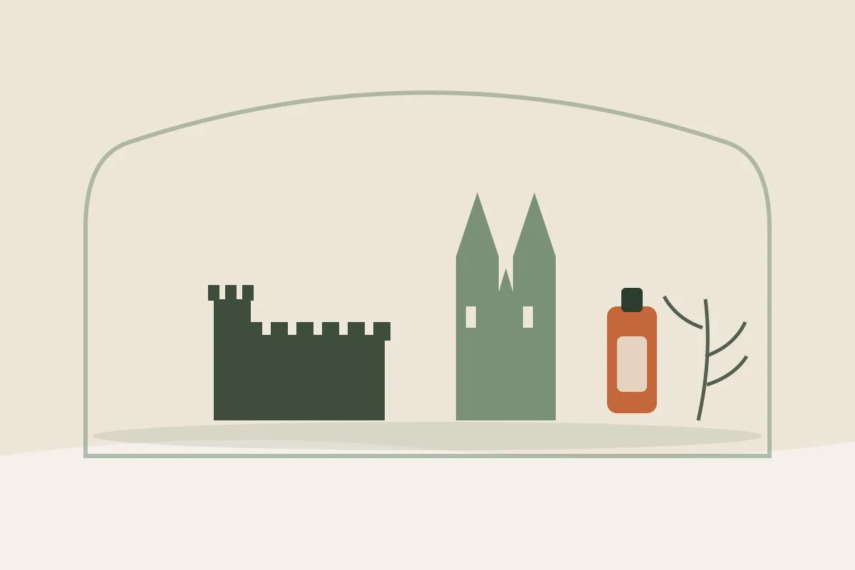 Illustration : massage grossesse et post-partum à Caen, silhouette du château et de l'Abbaye aux Hommes, flacon d'huile et brin végétal, dans les tons crème et vert sauge de Yes Mama