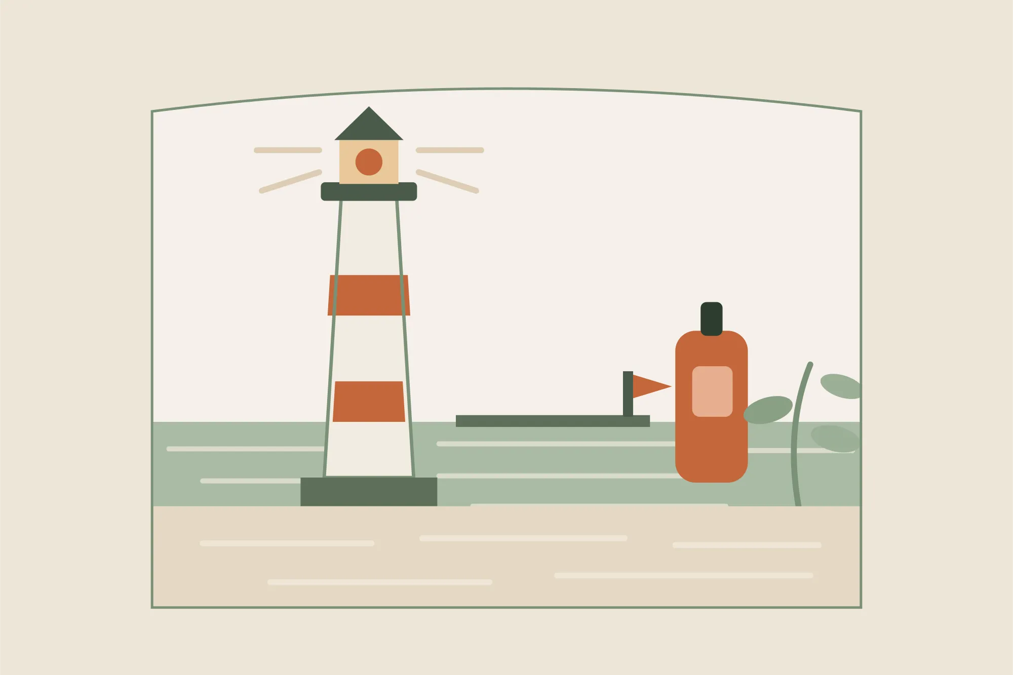 Illustration du phare de Calais face à la mer du Nord, avec un flacon d'huile de massage et un brin végétal, dans une arche aux couleurs crème et vert sauge de Yes Mama