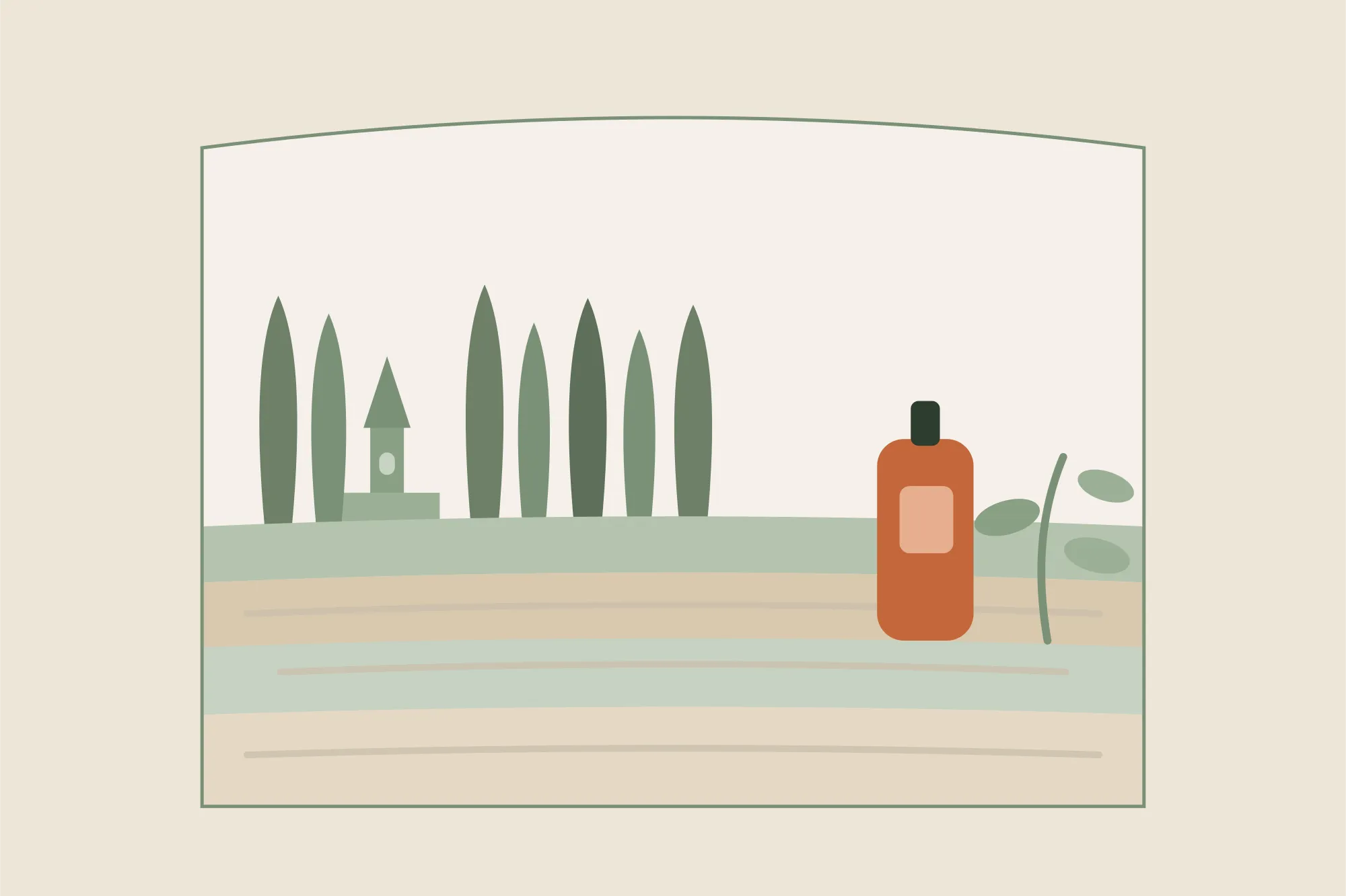 Illustration des plaines du Cambrésis, d'un rideau de peupliers et d'un clocher à l'horizon, avec un flacon d'huile de massage, dans une arche aux couleurs crème et vert sauge de Yes Mama