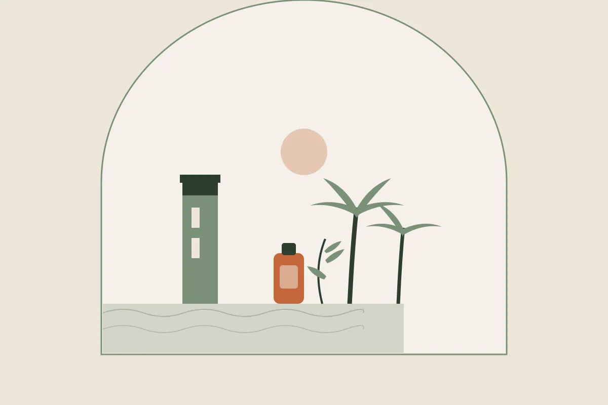 Illustration : massage grossesse et post-partum à Cannes, la tour du Suquet et des palmiers de la Croisette dans une arche, avec un flacon d'huile et un brin végétal