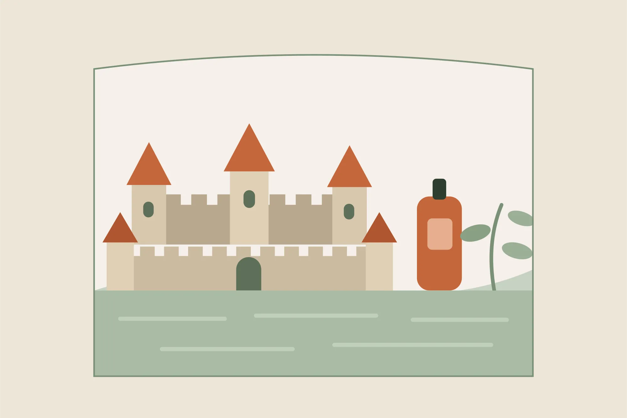 Illustration des remparts et des tours à toits coniques de la Cité de Carcassonne, avec un flacon d'huile de massage, dans une arche aux couleurs crème et vert sauge de Yes Mama