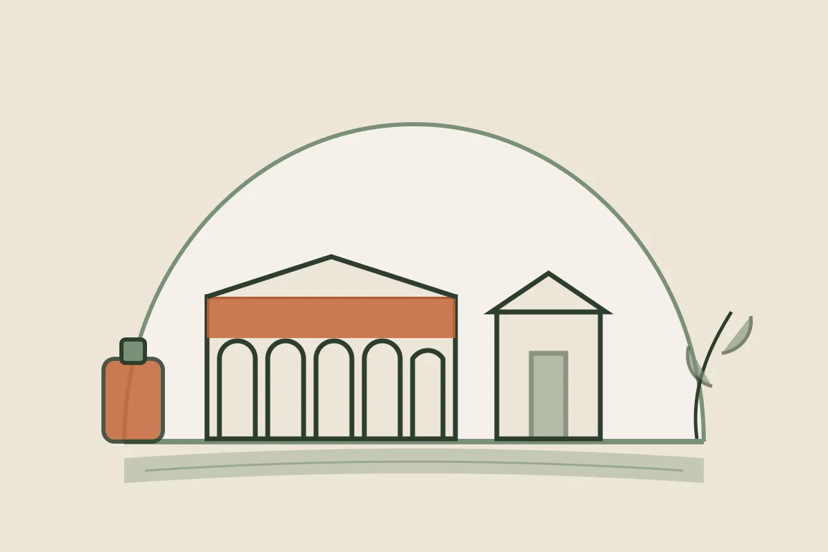 Illustration des arcades de la place Ducale et du Vieux Moulin de Charleville-Mézières au bord de la Meuse, avec un flacon d'huile de massage et un brin végétal, dans une arche, aux couleurs crème et vert sauge de Yes Mama