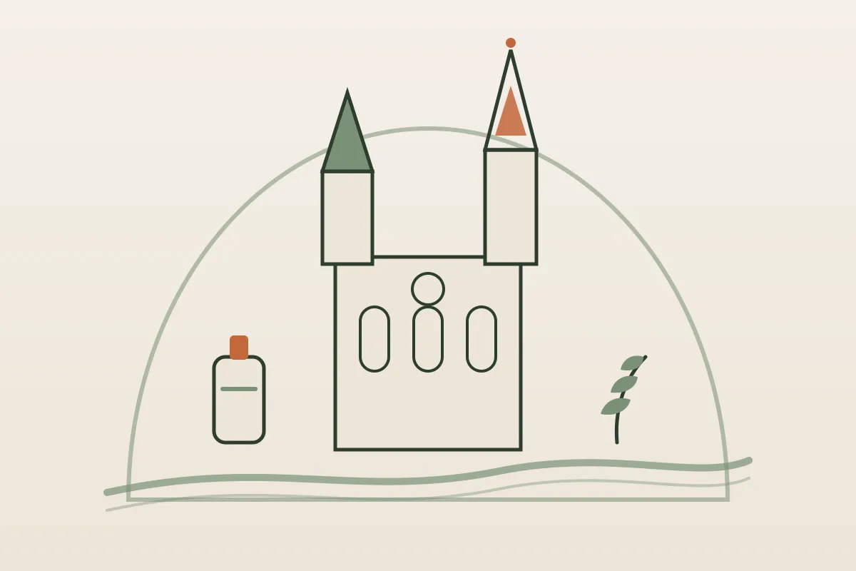 Illustration de Chartres : les deux flèches dissemblables de la cathédrale Notre-Dame au-dessus de la rivière l'Eure, avec un flacon d'huile de massage et un brin végétal, sous une arche, aux couleurs de Yes Mama