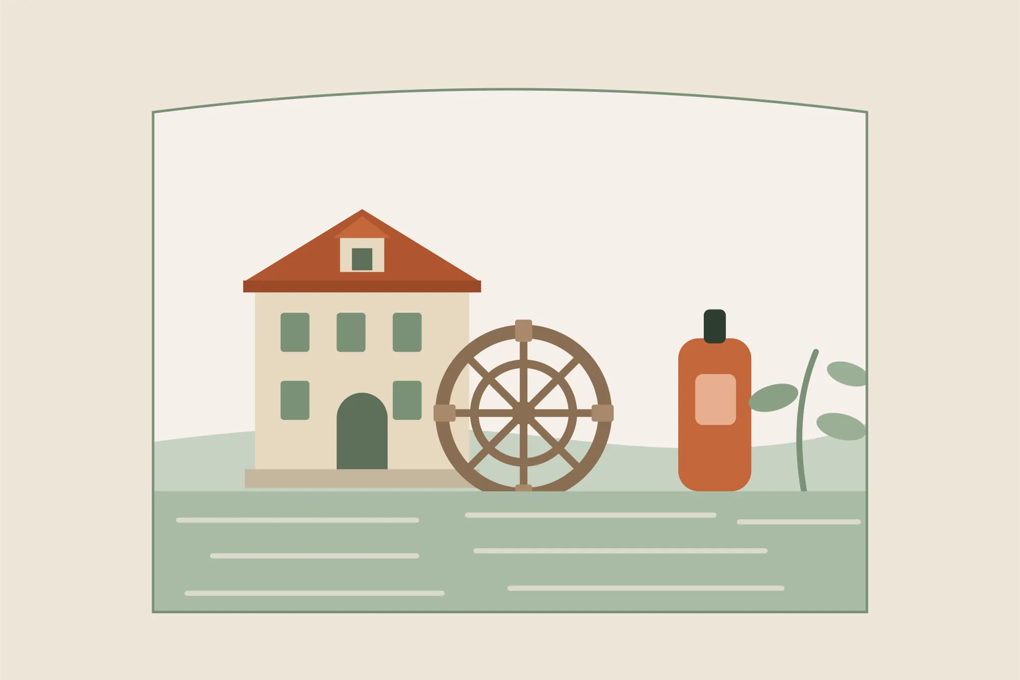 Illustration d'un moulin à eau et de sa roue au bord de l'Indre près de Châteauroux, avec un flacon d'huile de massage, dans une arche aux couleurs crème et vert sauge de Yes Mama