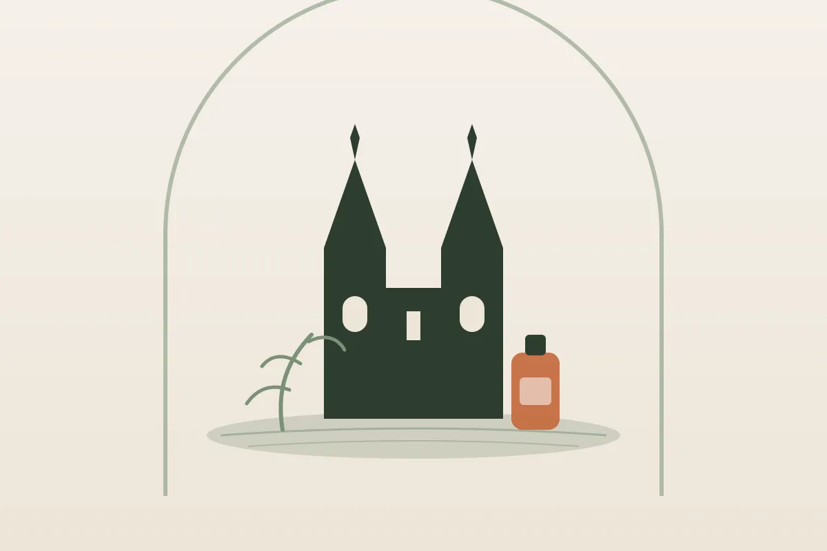 Silhouette du clocher de l'église Notre-Dame de Cholet et du lac de Ribou, avec un flacon d'huile de massage et un brin végétal, sous une arche, aux couleurs de Yes Mama