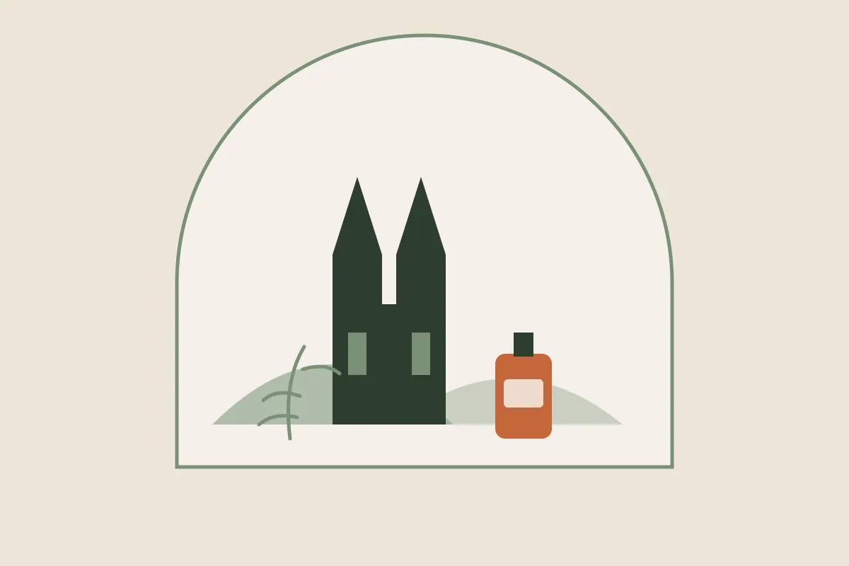 Illustration : massage grossesse et post-partum à Clermont-Ferrand, la cathédrale en pierre de Volvic et le Puy de Dôme, un flacon d'huile et un brin végétal
